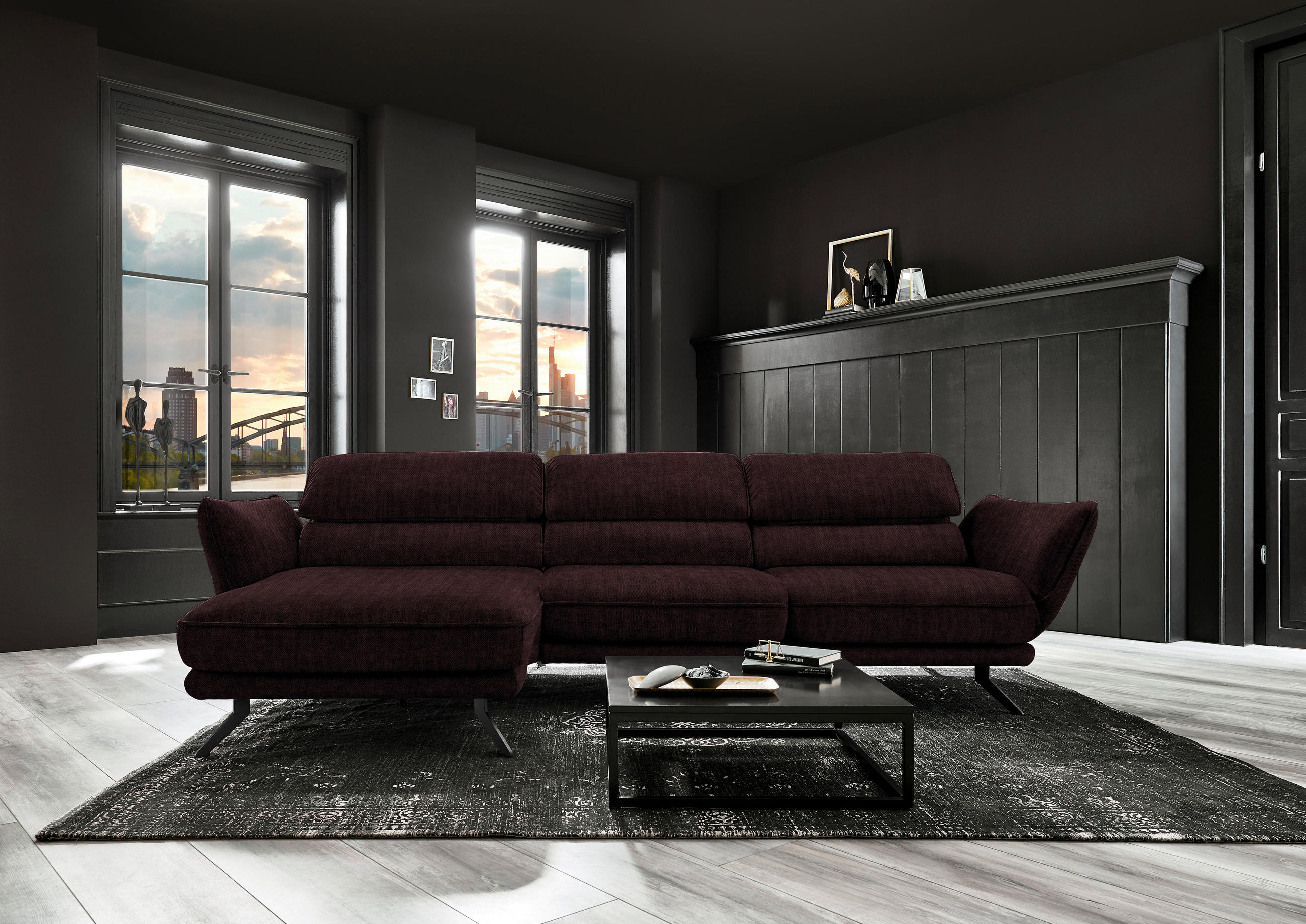 ECKSOFA in Velours Dunkelbraun  - Dunkelbraun/Schwarz, Design, Textil/Metall (153/283cm) - Valdera