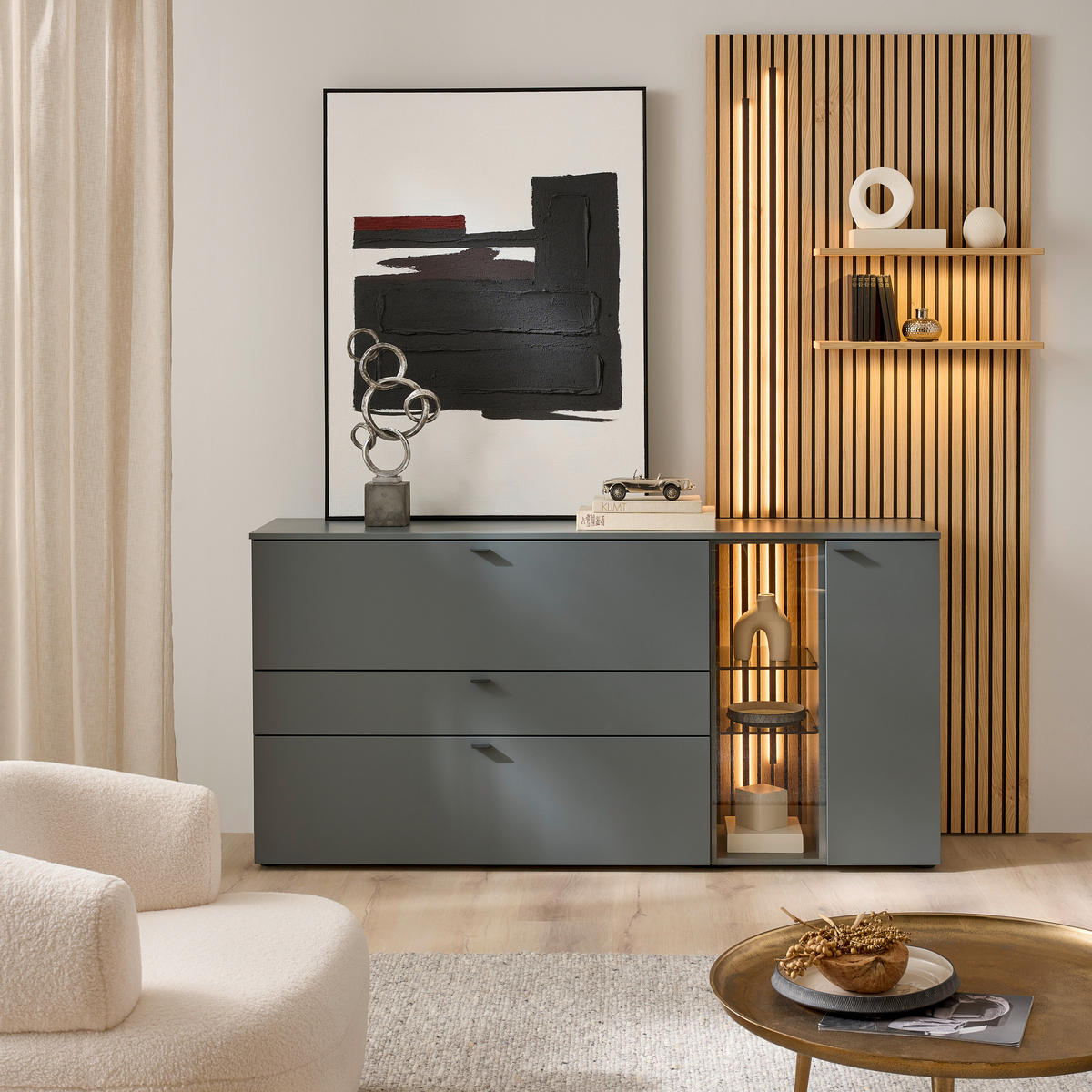 SIDEBOARD Grün, Eichefarben  210/224/43 cm  - Eichefarben/Anthrazit, Design, Glas/Holz (210/224/43cm) - Venjakob