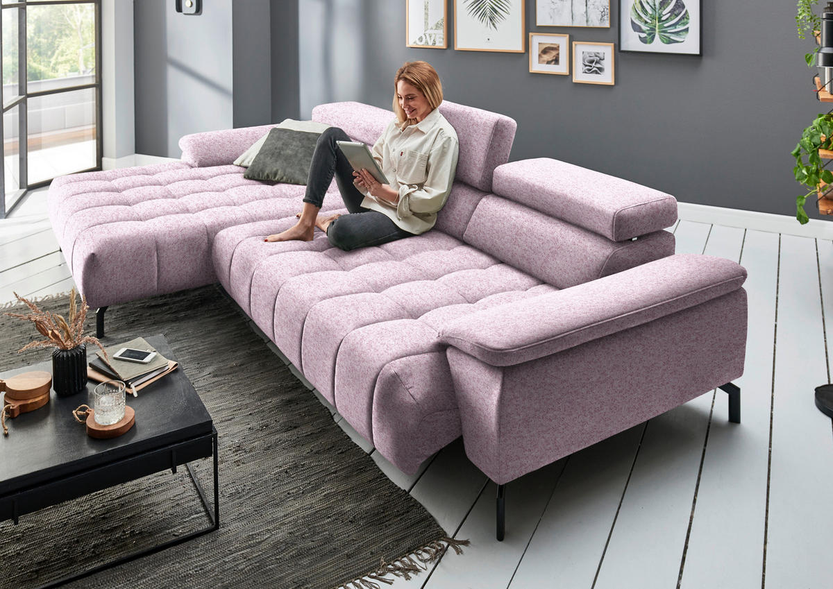 ECKSOFA in Chenille Rosa  - Schwarz/Rosa, Design, Textil/Metall (190/329cm) - Beldomo Style