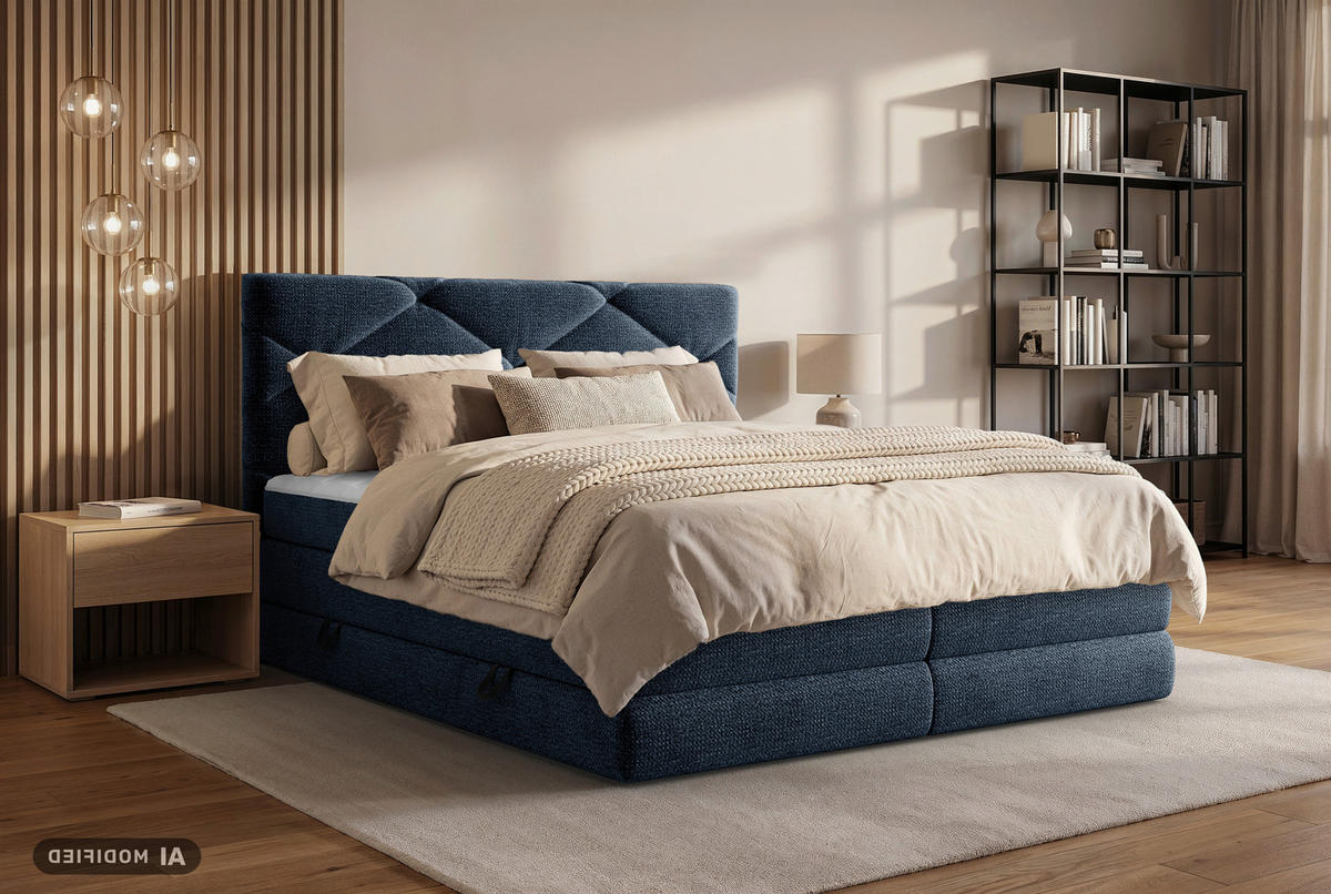 BOXSPRINGBETT 140/200 cm,  in Dunkelblau, Bettkasten, Matratzen, H2 + H3 = mittel + fest  - Schwarz/Dunkelblau, KONVENTIONELL, Kunststoff/Textil (140/200cm) - Carryhome