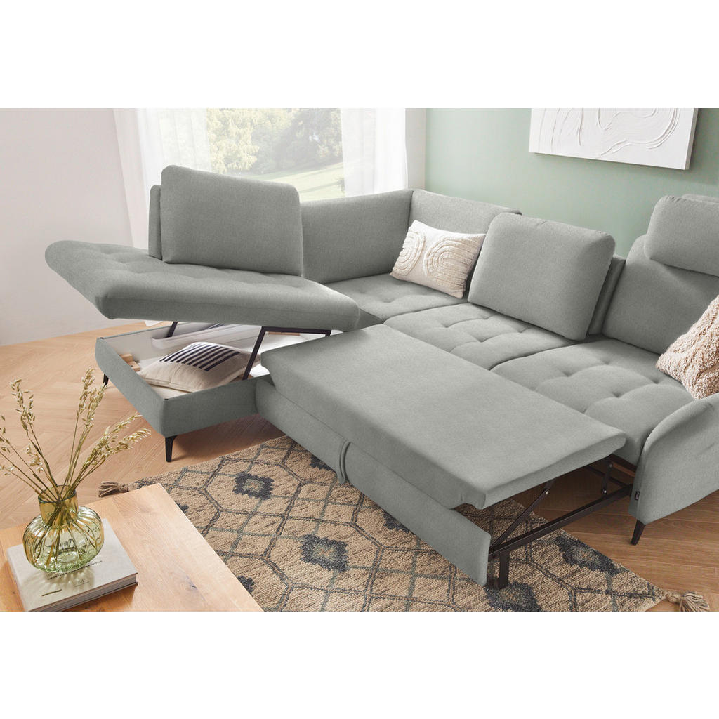 Thumbnail - Valnatura Ecksofa, Hellgrau, Textil, 3-Sitzer, Ottomane links, L-Form, 288x233 cm, Bettkasten erhältlich, Stoffauswahl, ...
