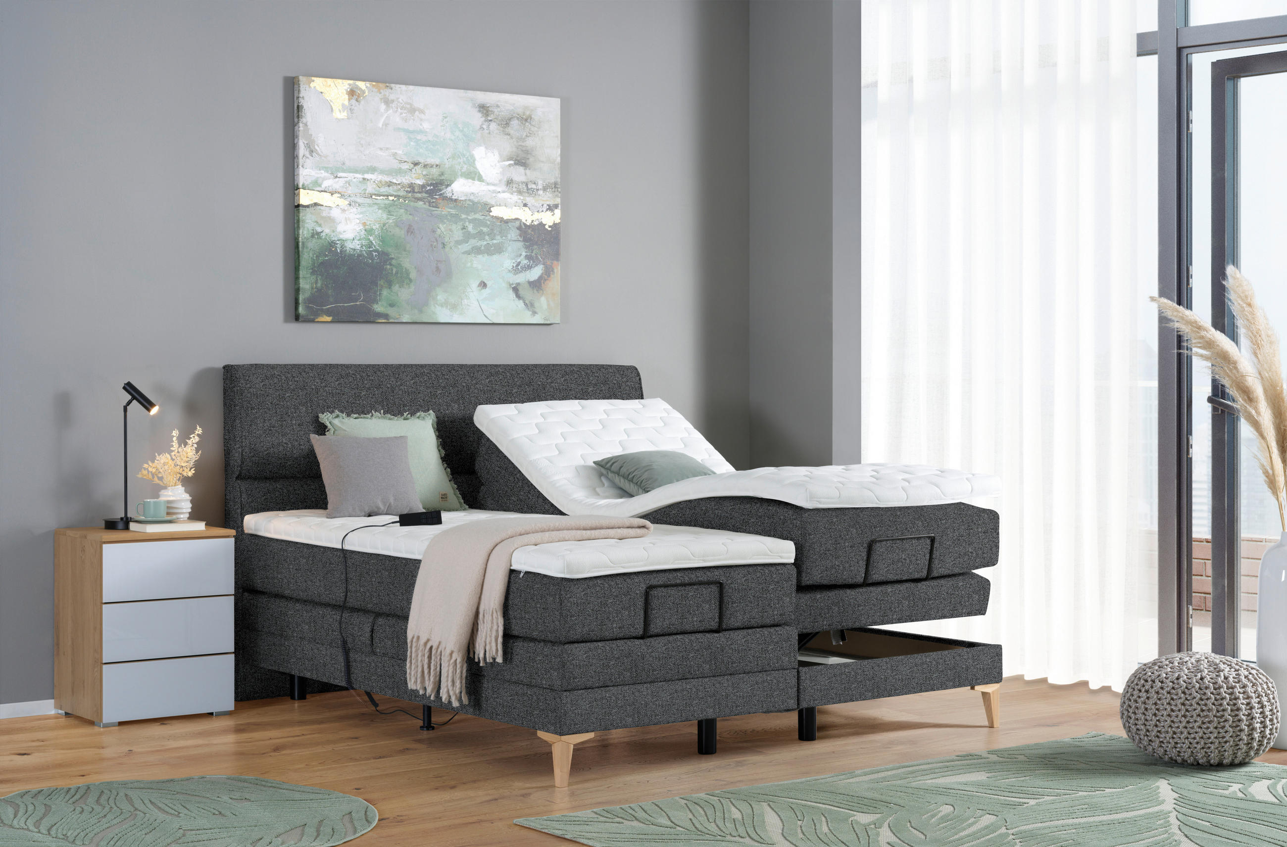 BOXSPRINGBETT 180/200 cm  in Anthrazit  - Eichefarben/Anthrazit, Konventionell, Holz/Textil (180/200cm) - Voleo