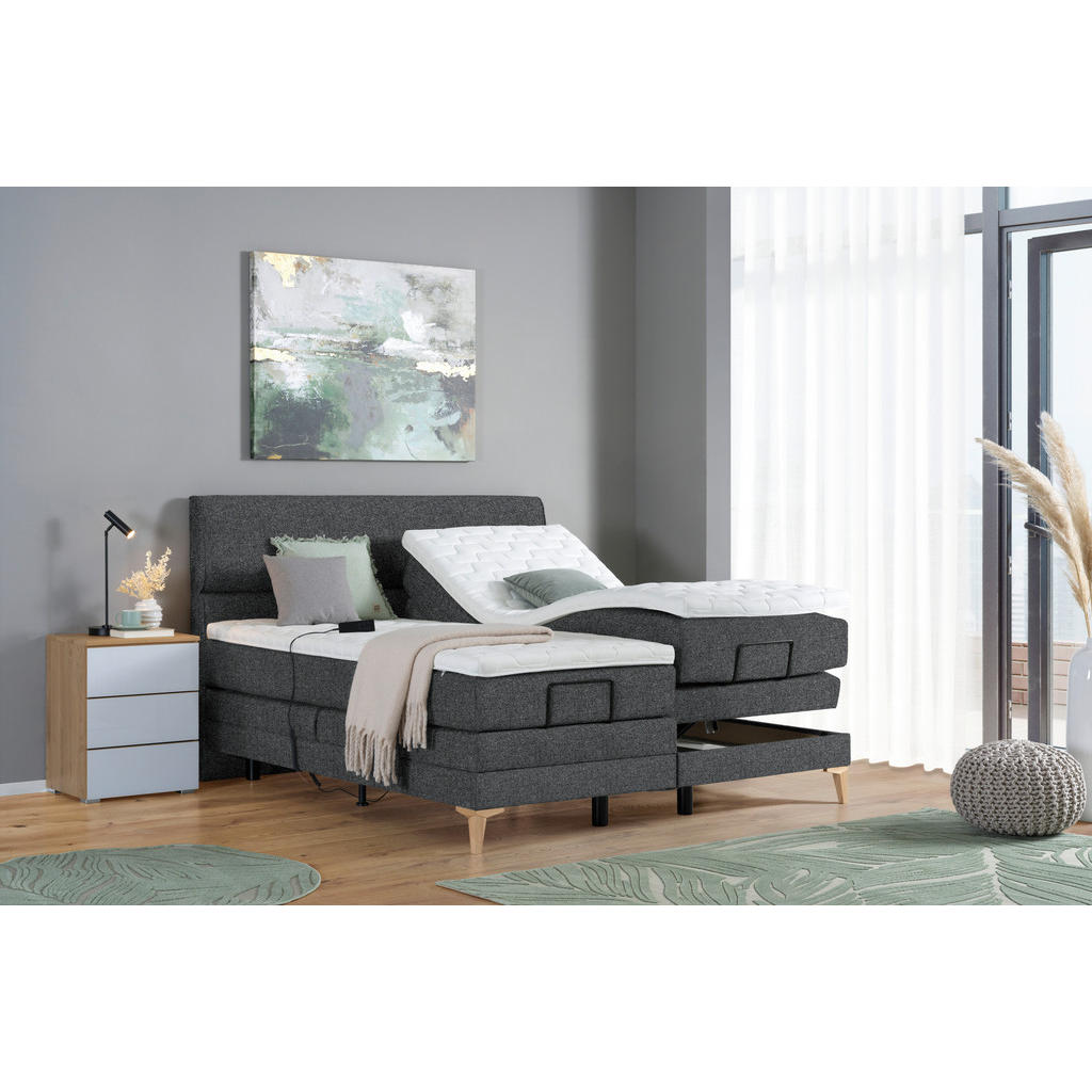 Thumbnail - Voleo Boxspringbett, Anthrazit, Textil, Eiche, massiv, H2 + H3, 7-Zonen, Höhe ca. 19 cm, 180x200 cm, Über- und Sondergrö...