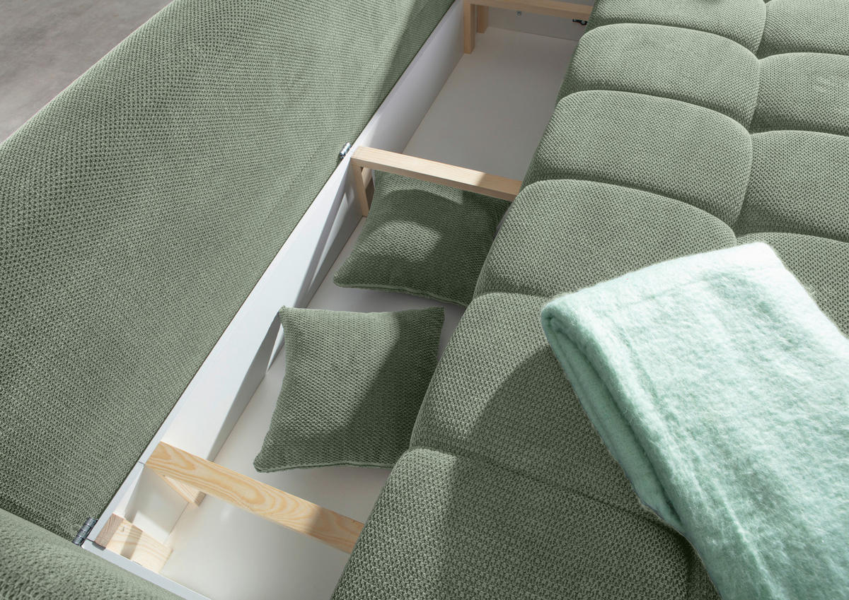SCHLAFSOFA Plüsch Salbeigrün  inkl. Zierkissen, Rückenkissen, Bettkasten, Schlaffunktion, Rücken echt, Liegefläche im Originalstoff  - Salbeigrün/Schwarz, KONVENTIONELL, Kunststoff/Textil (200/73/105cm) - Carryhome