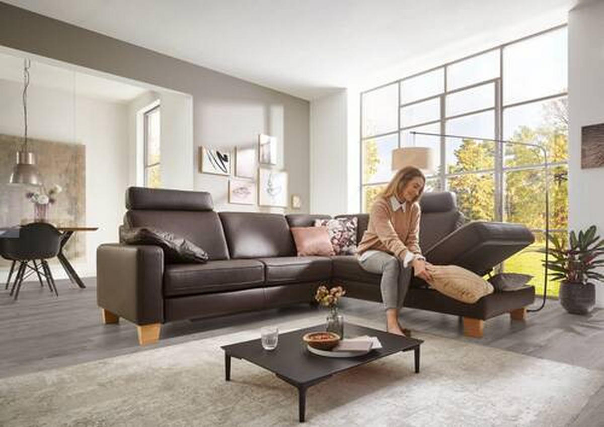 ECKSOFA in Echtleder Dunkelbraun  - Eiche Bianco/Dunkelbraun, Konventionell, Leder/Holz (235/259cm) - Valdera
