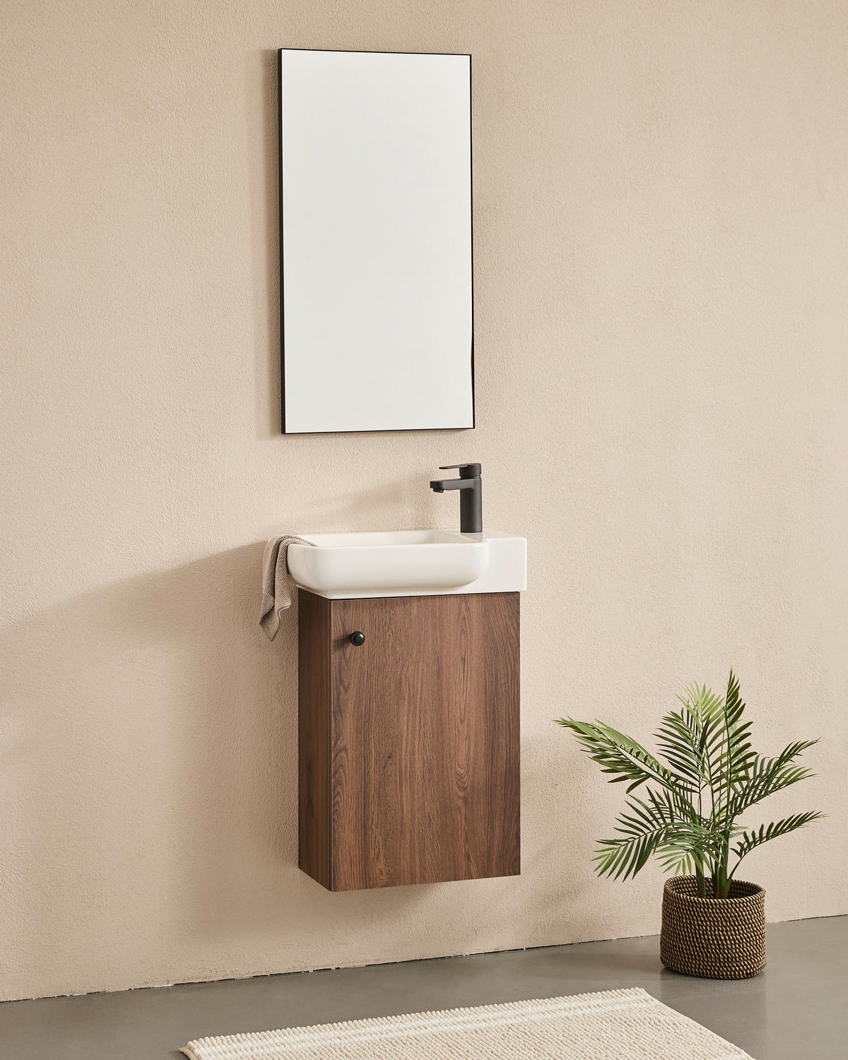 GÄSTEBAD 55 cm  - Weiß Hochglanz/Walnussfarben, MODERN, Keramik/Holzwerkstoff (55cm) - MID.YOU