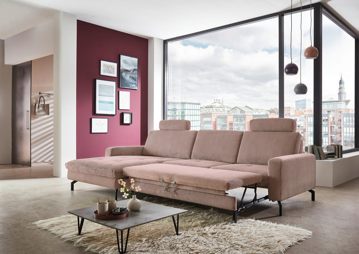 ECKSOFA Altrosa Cord  - Schwarz/Altrosa, Design, Textil/Metall (178/302cm) - Carryhome