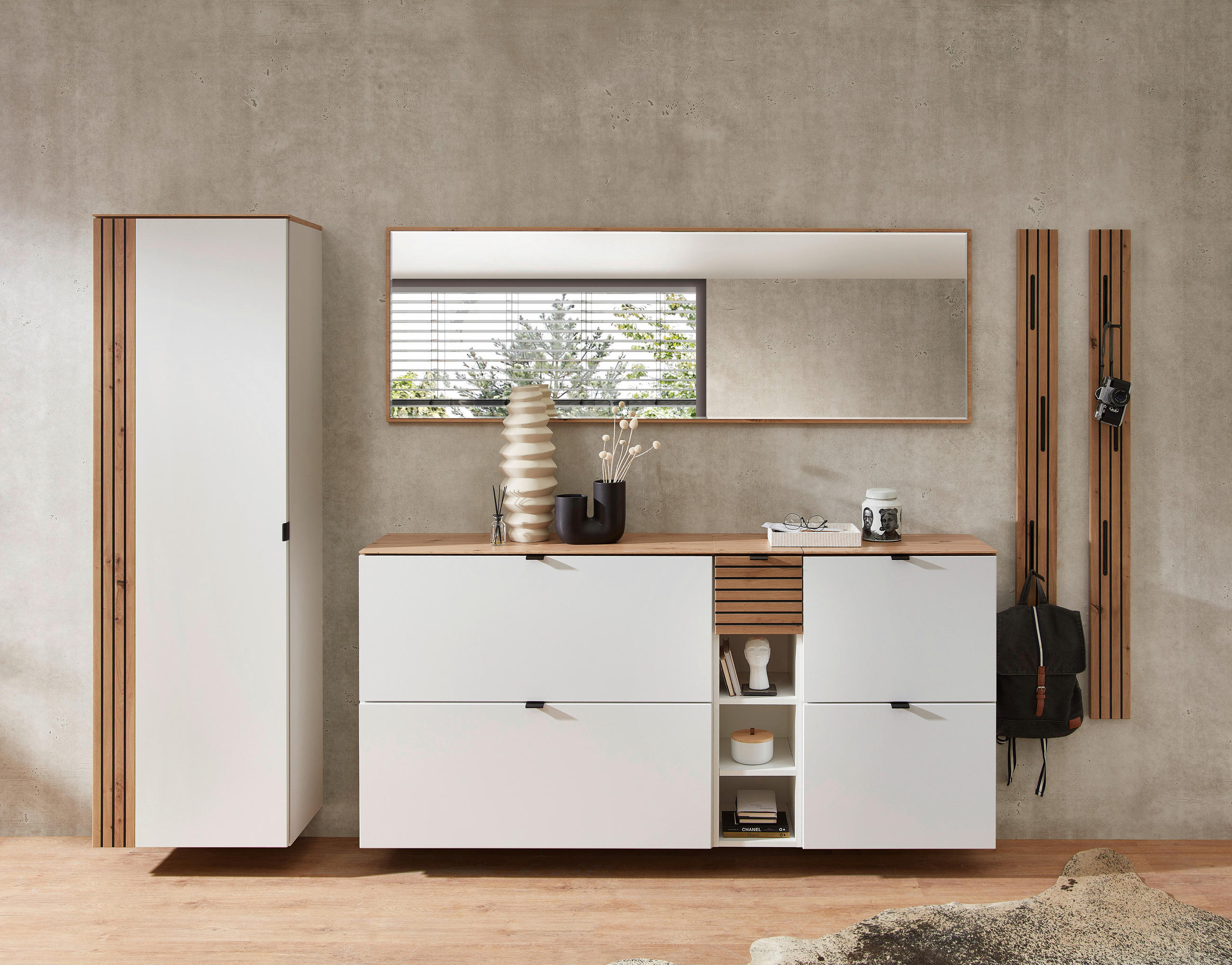 PREDSOBA bela, hrast artisan - bela/hrast artisan, Design, leseni material (305/179/37cm) - Voleo