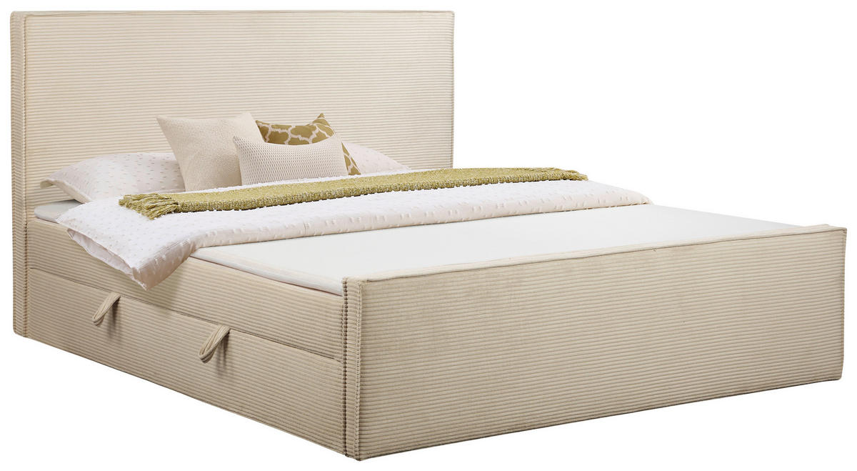 BOXBETT 180/200 cm,  in Beige, gepolstertes Kopfteil, Bettkasten, Topper, Matratzen, H3 + H3 = fest  - Beige/Schwarz, Basics, Kunststoff/Textil (180/200cm) - Chameo