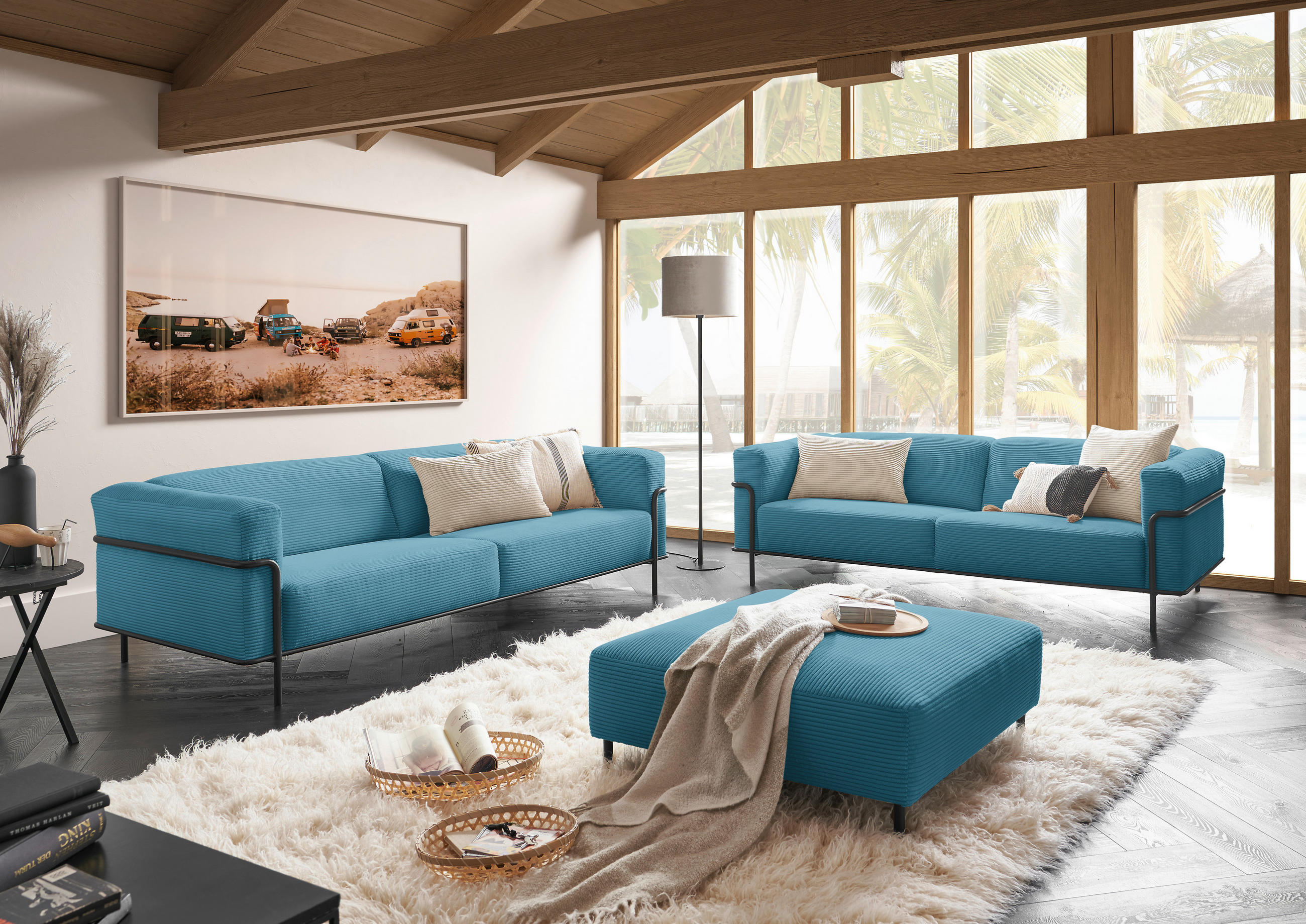 HOCKER in Textil Petrol  - Petrol/Schwarz, Design, Textil/Metall (100/41/100cm) - Johann Jakob