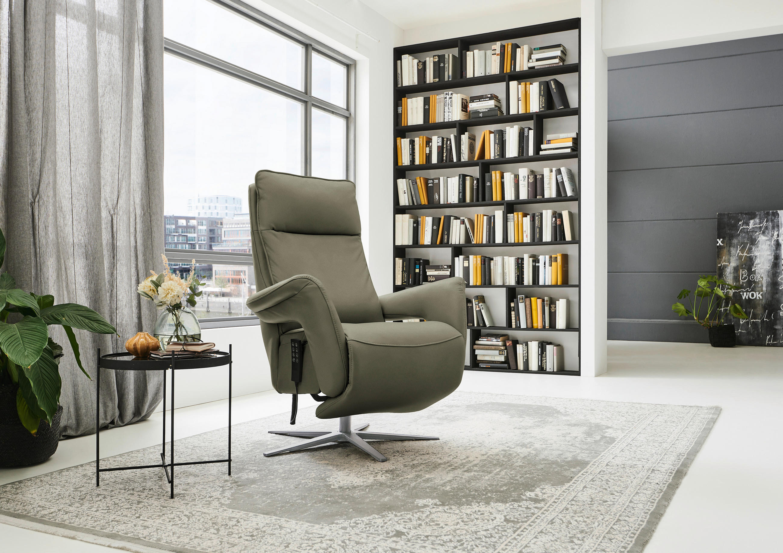 RELAXSESSEL in Leder Grau, Grün  - Edelstahlfarben/Grau, Design, Leder/Metall (79-83/116/87-176cm) - Valdera