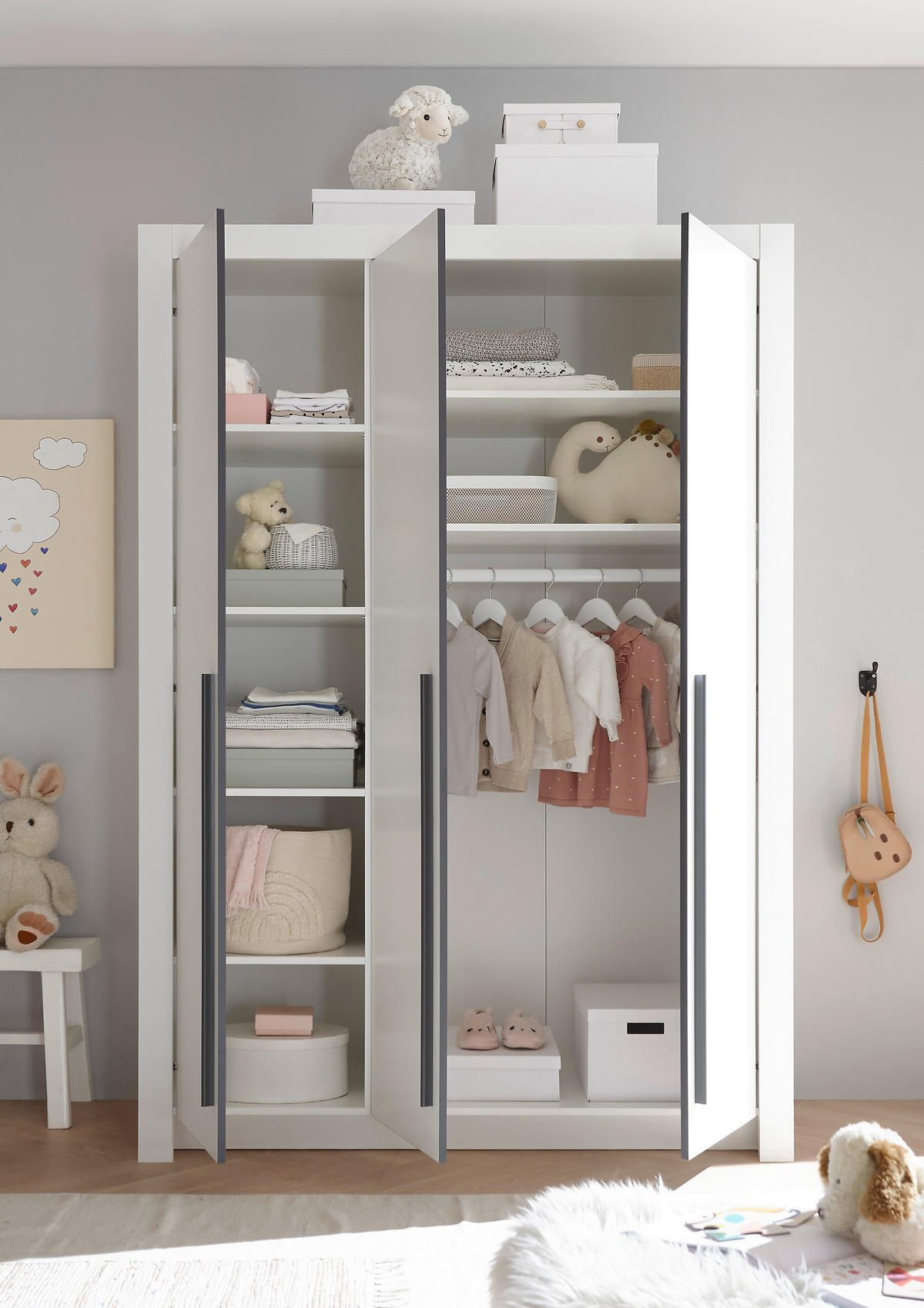 BABYKLEIDERSCHRANK Pulni Weiß  - Graphitfarben/Weiß, Basics, Holzwerkstoff/Kunststoff (137/195,5/56cm) - My Baby Lou