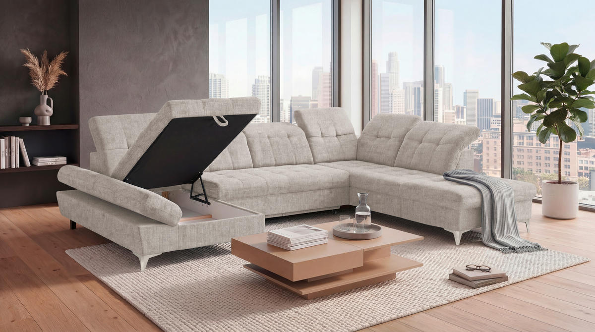 WOHNLANDSCHAFT Mikrovelours Weiss  - Kaschmir/Weiss, Modern, Kunststoff/Textil (169/348/245cm) - MID.YOU