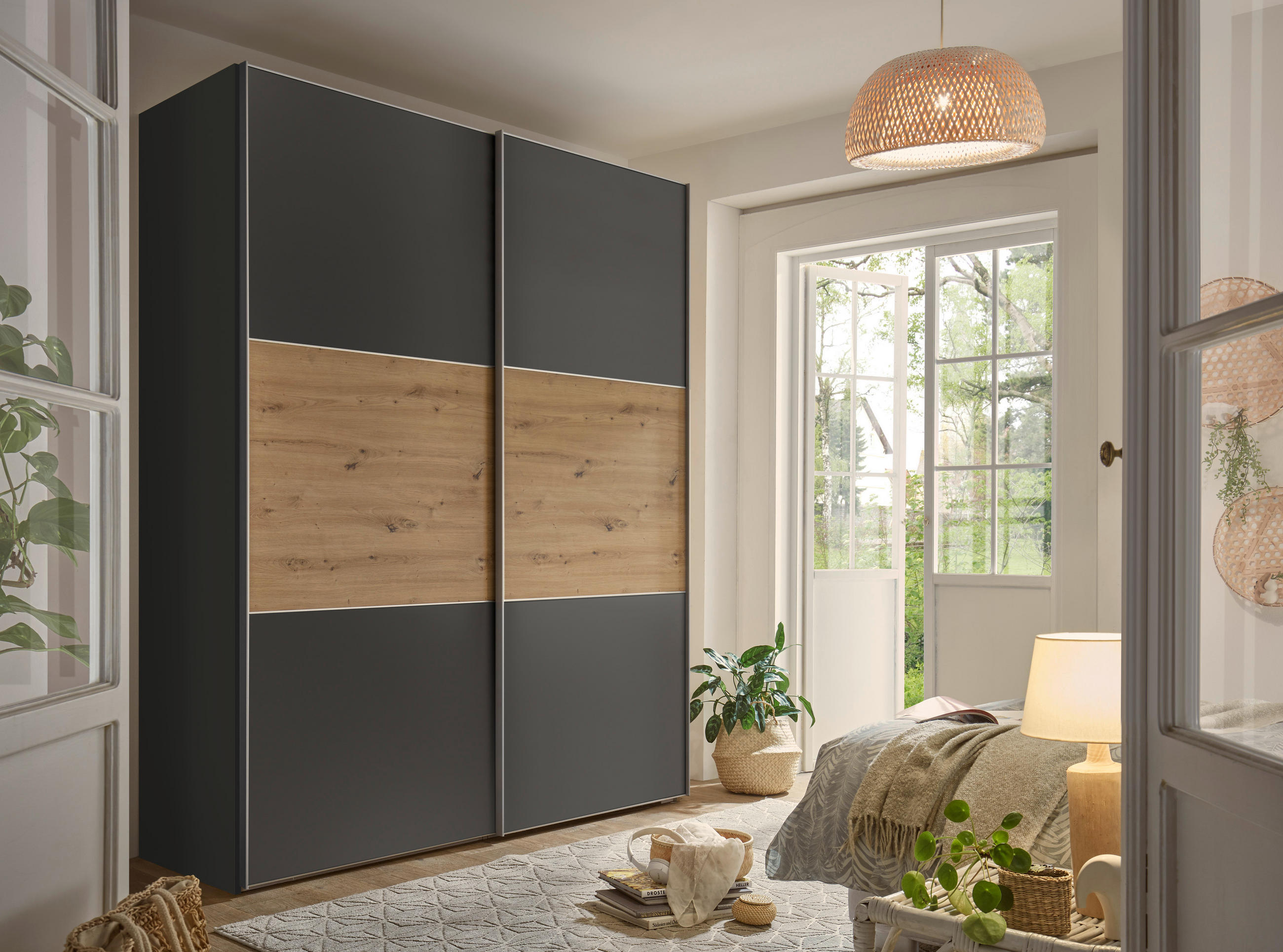 SCHWEBETÜRENSCHRANK in Dunkelgrau, Eiche Artisan  - Dunkelgrau/Alufarben, Holzwerkstoff/Metall (188/222/68cm) - Moderano