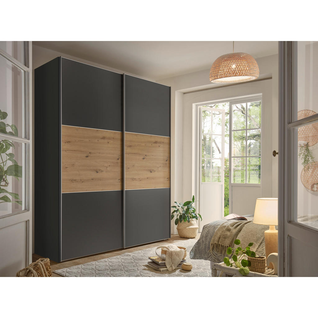 Thumbnail - Moderano Schwebetürenschrank, Dunkelgrau, Eiche Artisan, Holzwerkstoff, 4 Fächer, 2 Schubladen, 225x222x68 cm, Goldenes ...