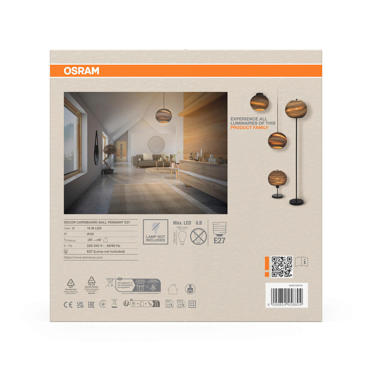 HÄNGELEUCHTE 26/127 cm  - Braun, Natur, Karton/Metall (26/127cm) - Osram