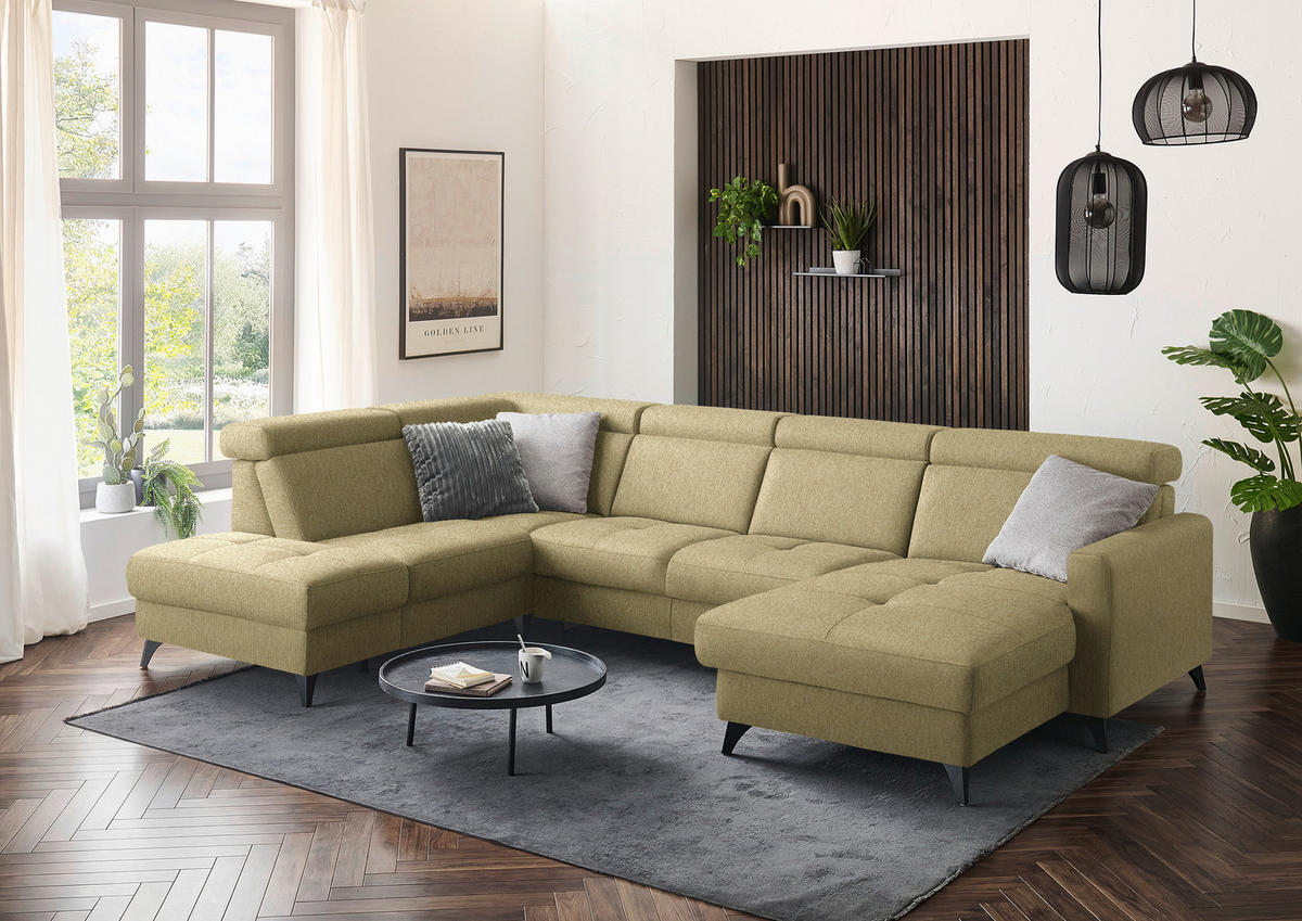 WOHNLANDSCHAFT Flachgewebe Honig  - Schwarz/Honig, Konventionell, Textil/Metall (215/333/174cm) - Beldomo System