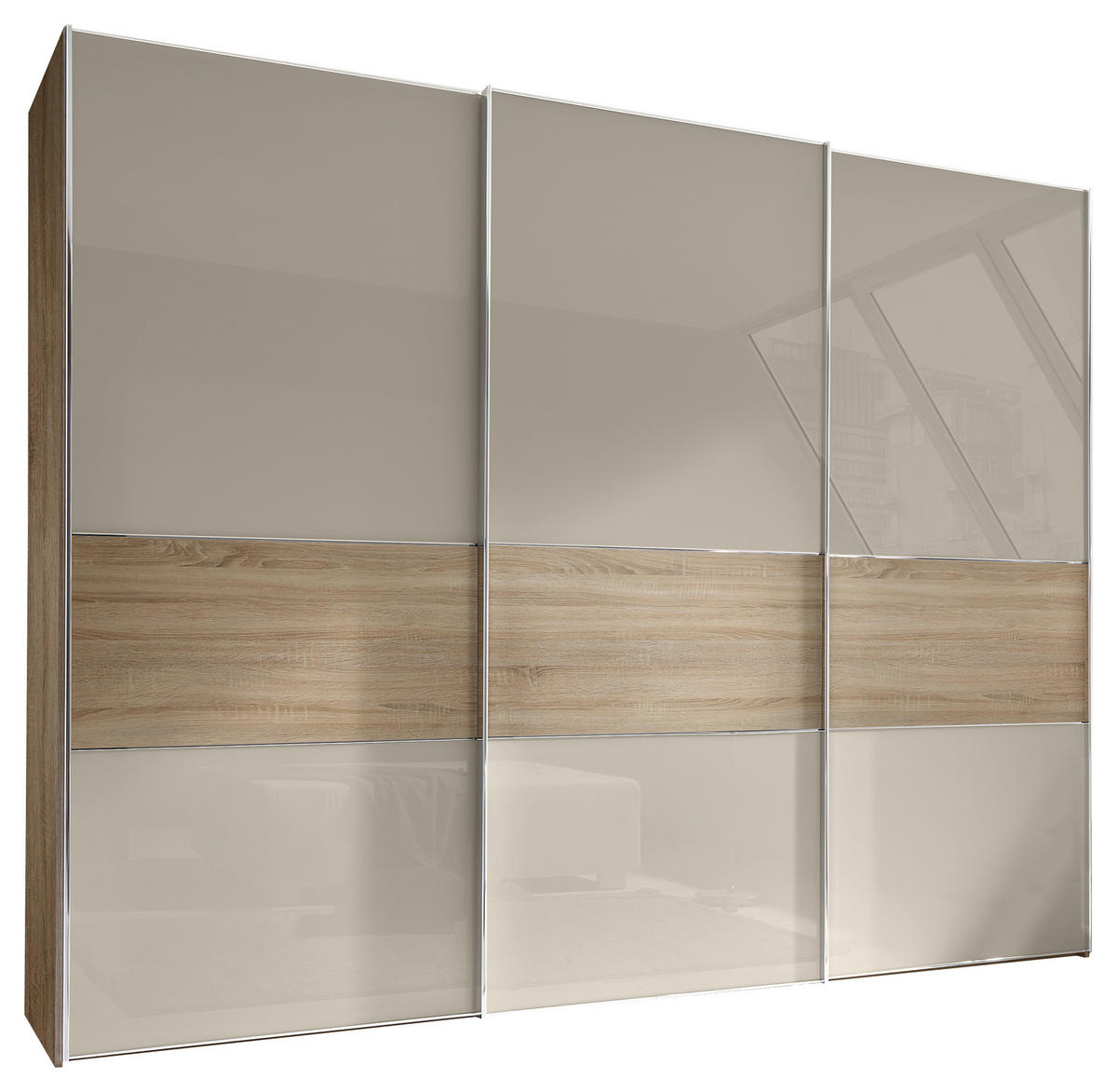SCHWEBETÜRENSCHRANK  in Eichefarben, Sandfarben  - Sandfarben/Chromfarben, Basics, Glas/Holzwerkstoff (298/240/68cm) - Moderano