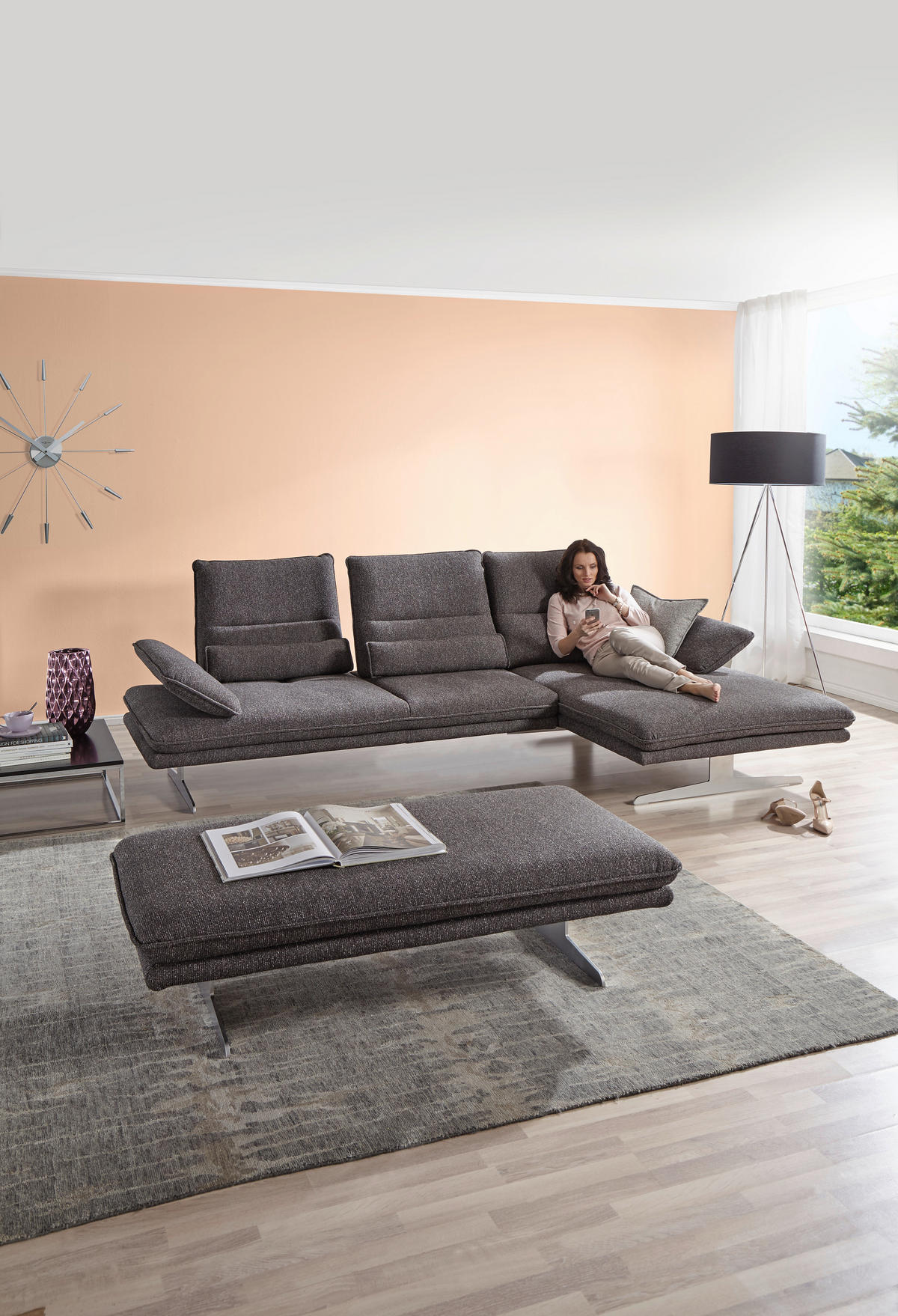 ECKSOFA Webstoff Anthrazit  - Chromfarben/Anthrazit, Design, Textil/Metall (291/164cm) - Chilliano