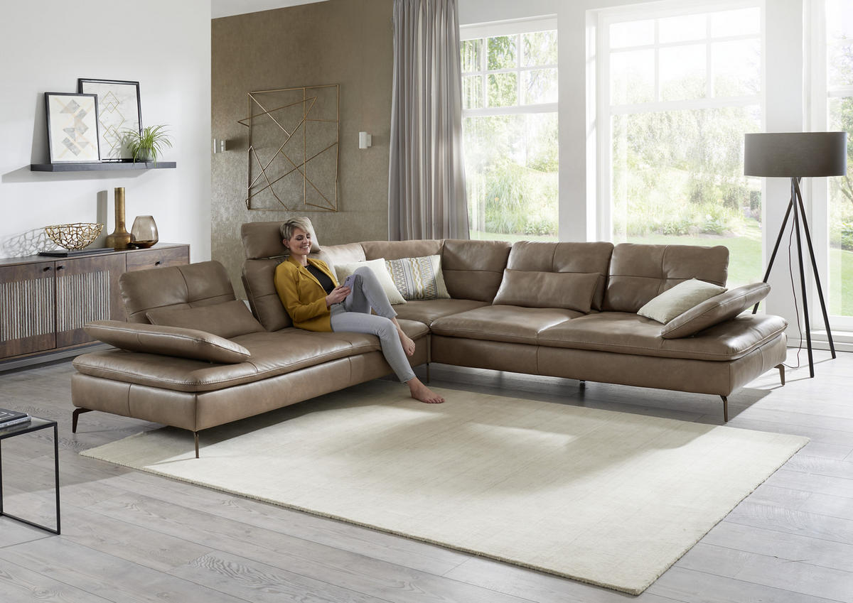 ECKSOFA Sandfarben Echtleder  - Sandfarben/Bronzefarben, Design, Leder/Metall (298/298cm) - Chilliano