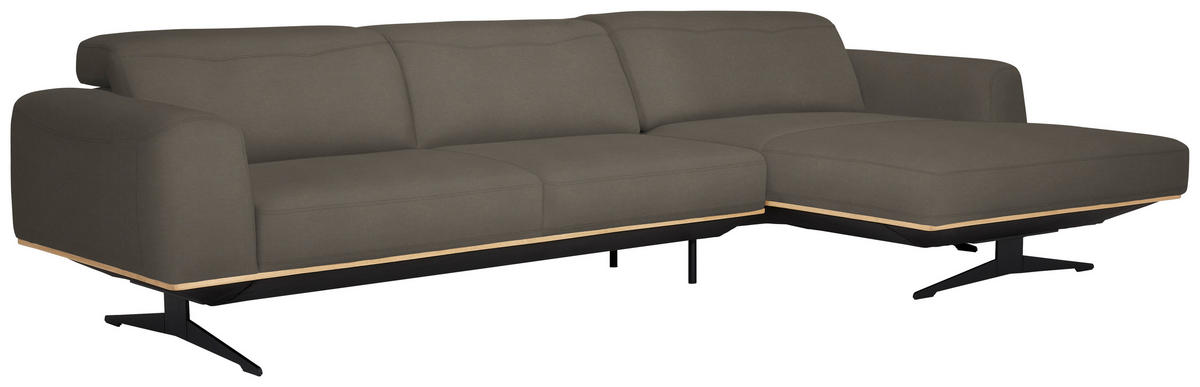ECKSOFA in Echtleder Graubraun  - Eichefarben/Graubraun, Design, Leder/Holz (305/163cm) - Novel