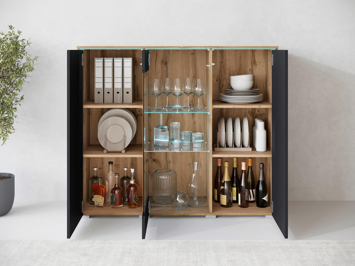 HIGHBOARD Vera, 120/103,3/39,5 cm,  - Schwarz Hochglanz/Eiche Wotan, Trend, Glas/Holzwerkstoff (120/103,3/39,5cm) - P & B