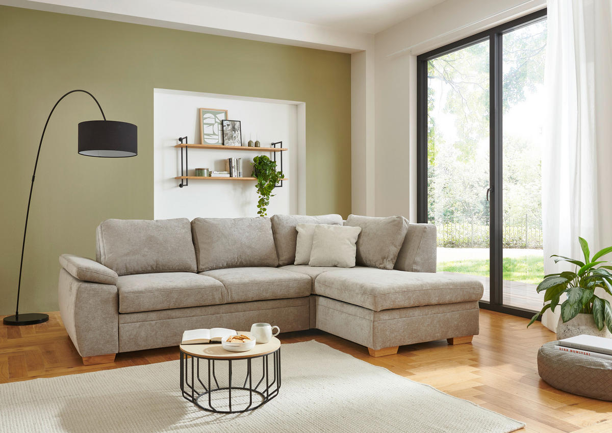 ECKSCHLAFSOFA  in Chenille Hellbraun  - Hellbraun/Eiche Bianco, KONVENTIONELL, Holz/Textil (253/170cm) - Beldomo Style