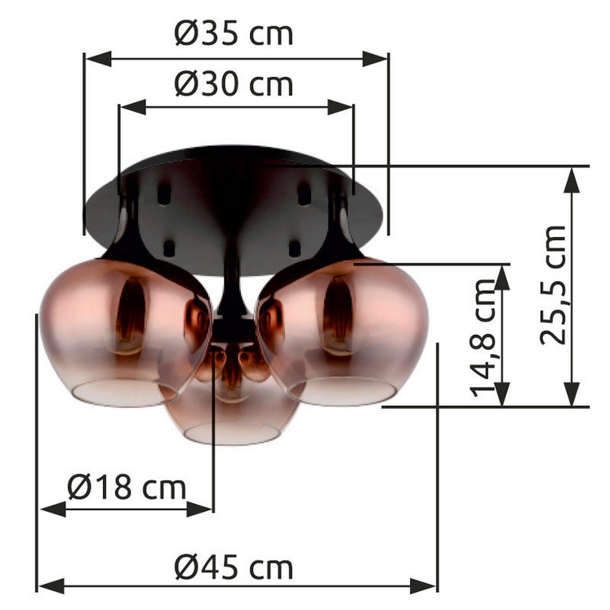 DECKENLEUCHTE  45/25,5 cm    - Schwarz/Kupferfarben, Design, Glas/Metall (45/25,5cm) - Collet's Monde