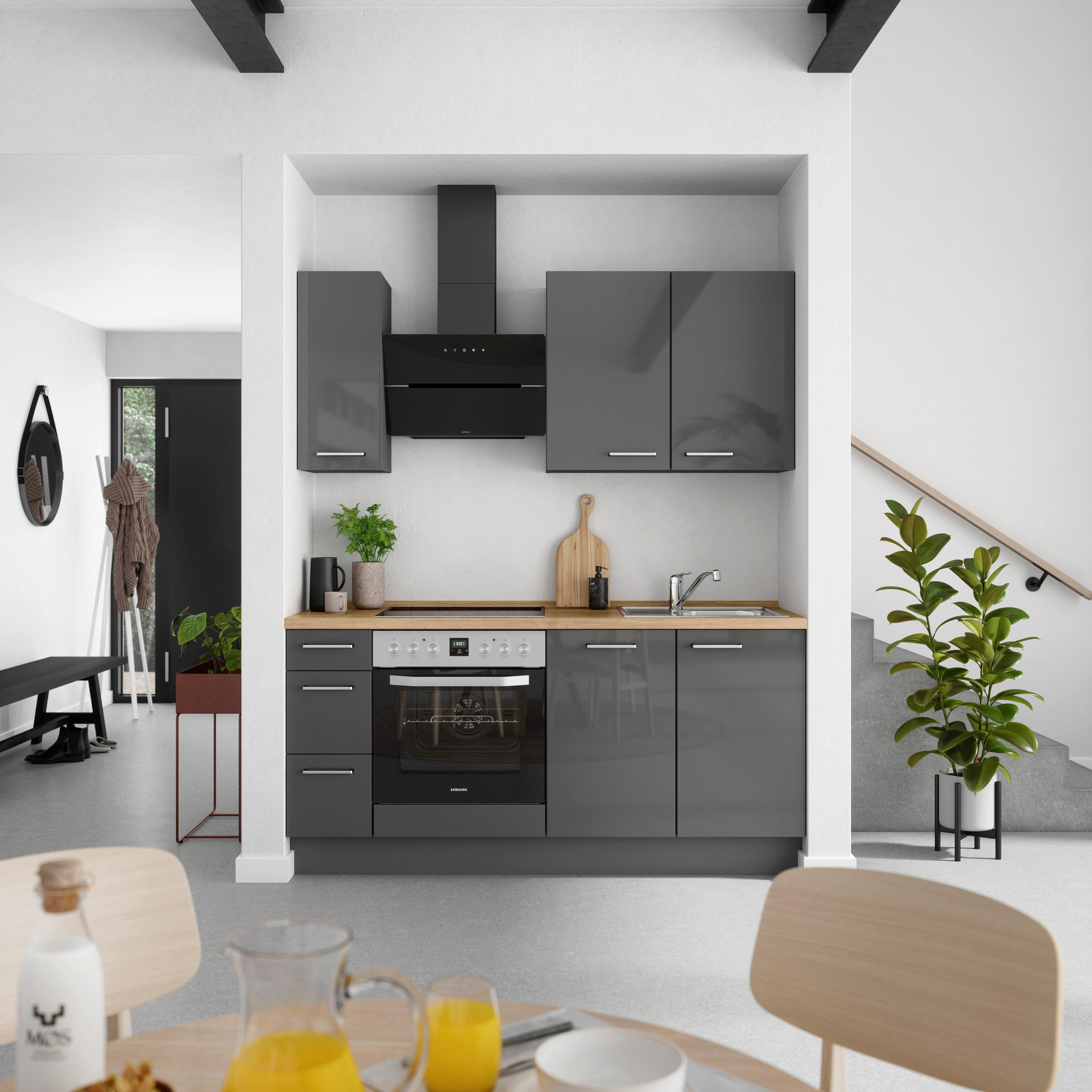 KÜCHENBLOCK Flash 180 cm  in Eichefarben, Schieferfarben  - Schieferfarben/Edelstahlfarben, MODERN, Holzwerkstoff/Metall (180cm) - Nobilia