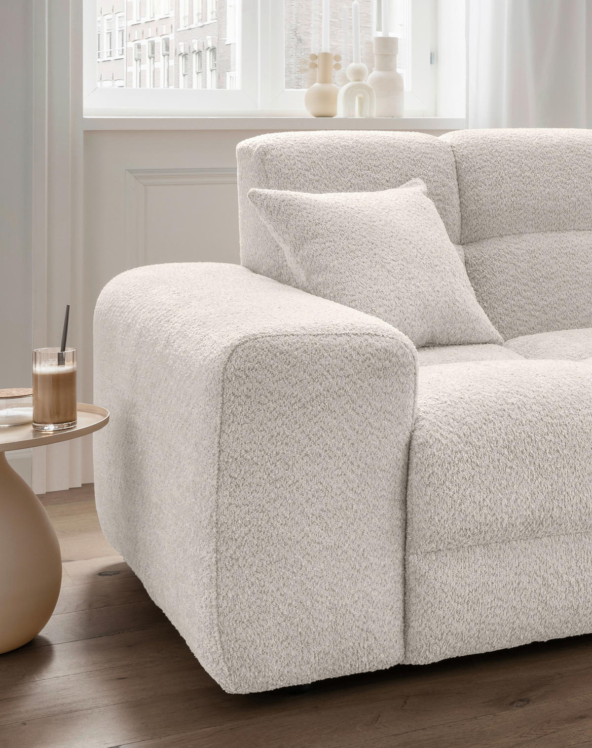 ECKSOFA in Bouclé Weiss  - Weiss/Schwarz, Modern, Kunststoff/Textil (301/152cm) - Livetastic