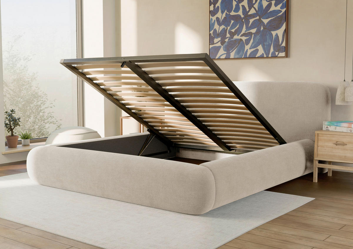 POLSTERBETT 180/200 cm,  in Beige, gepolstertes Kopfteil, Lattenrost, Bettkasten,  - Beige/Schwarz, Design, Holz/Textil (180/200cm) - Chameo