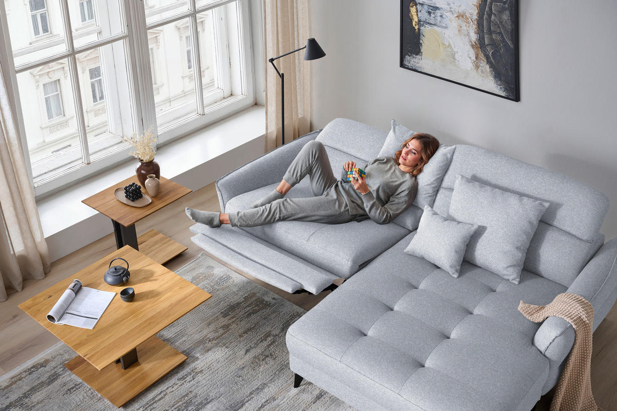 ECKSOFA Flachgewebe Hellgrau  - Hellgrau/Schwarz, Design, Textil/Metall (246/175cm) - Celina