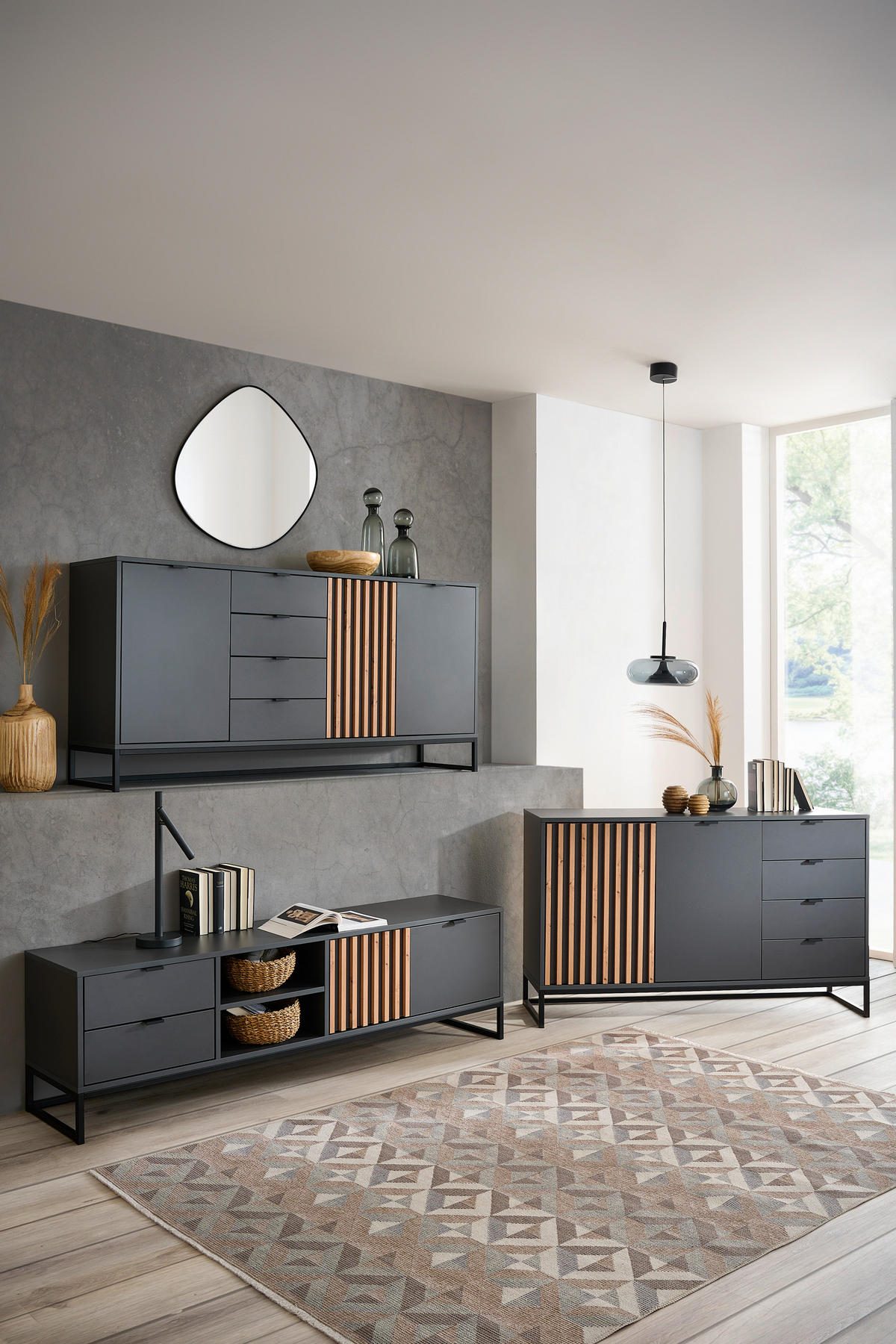 ŠIROKA KOMODA, barve grafita, hrast artisan  - črna/barve grafita, Moderno, kovina/leseni material (177,1/85,4/40cm) - Livetastic