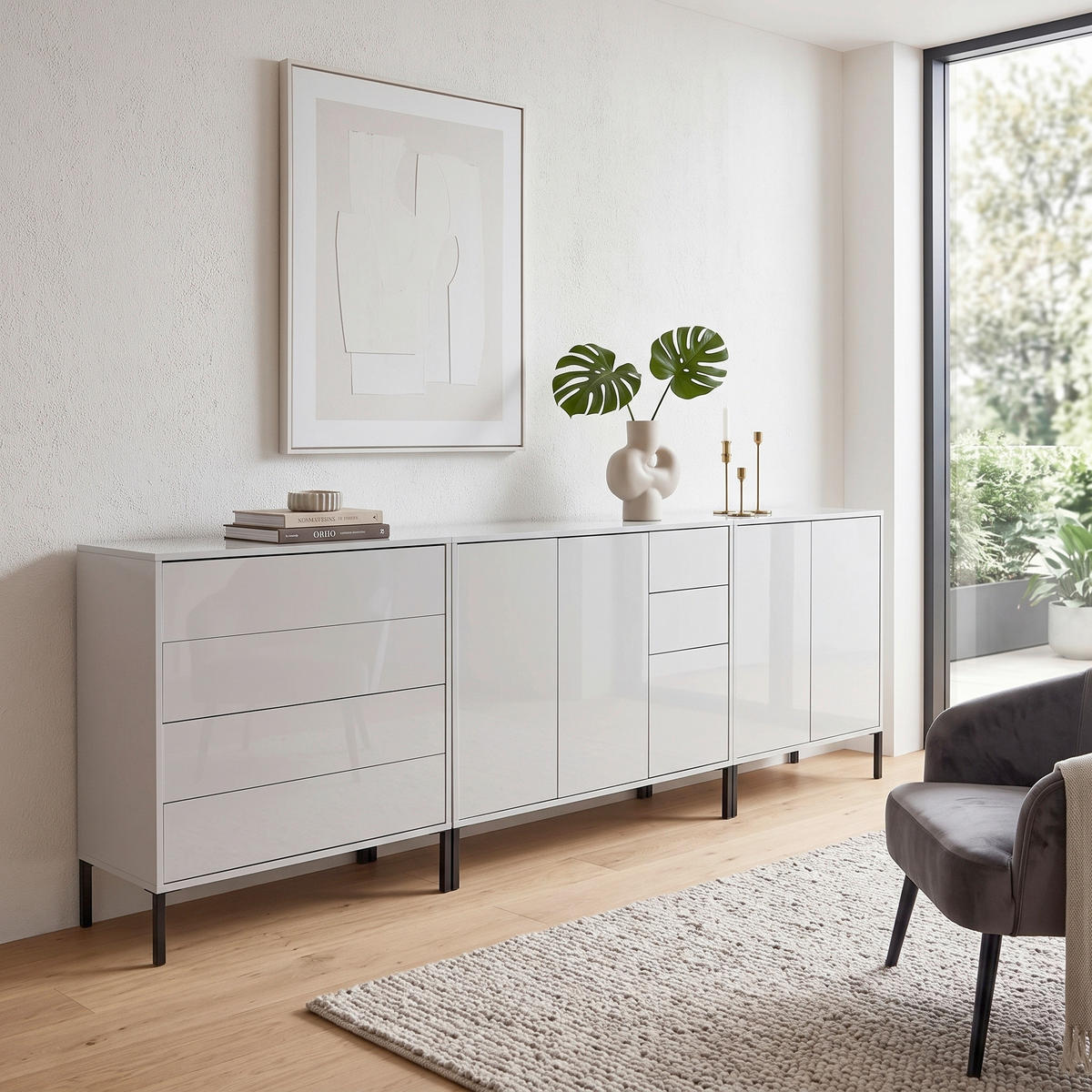 SIDEBOARD Mailand Set 7 + MF 263,5/86/33 cm 6 Schublade(n)  - Weiß Hochglanz/Anthrazit, MODERN, Holzwerkstoff/Metall (263,5/86/33cm) - MID.YOU