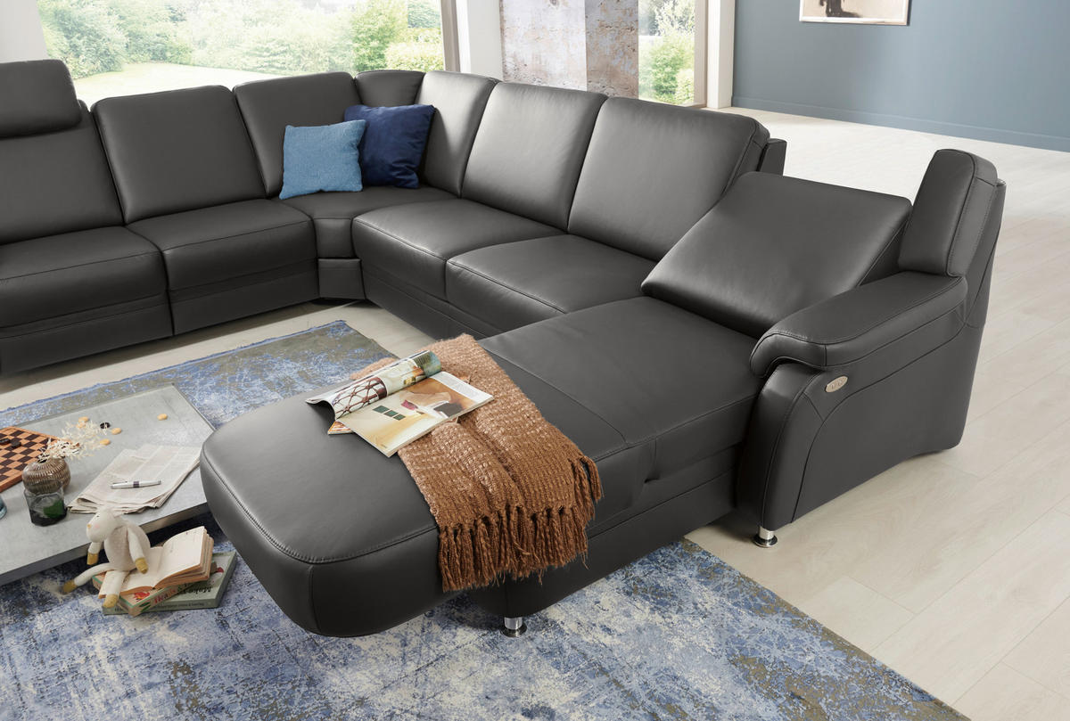 WOHNLANDSCHAFT in Echtleder Anthrazit  - Anthrazit/Alufarben, Konventionell, Leder/Metall (239/329/165cm) - Beldomo Premium