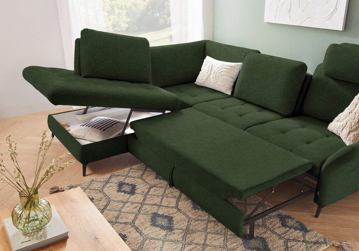 ECKSOFA in Flachgewebe Olivgrün  - Schwarz/Olivgrün, Natur, Textil/Metall (233/288cm) - Valnatura