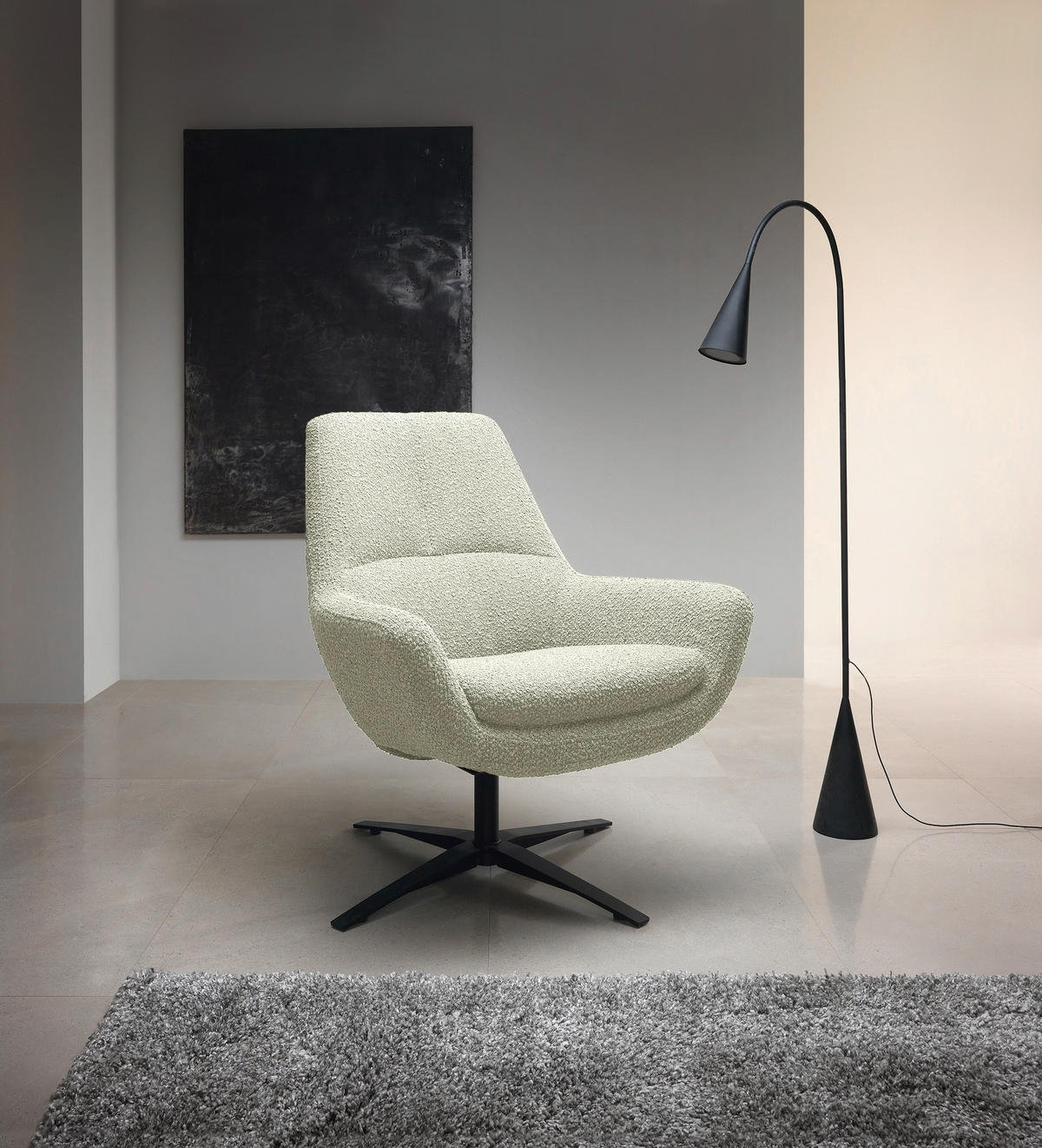 SESSEL BE ORGANIC Bouclé Weiß    - Schwarz/Weiß, MODERN, Textil/Metall (81/92/83cm) - Trendmanufaktur