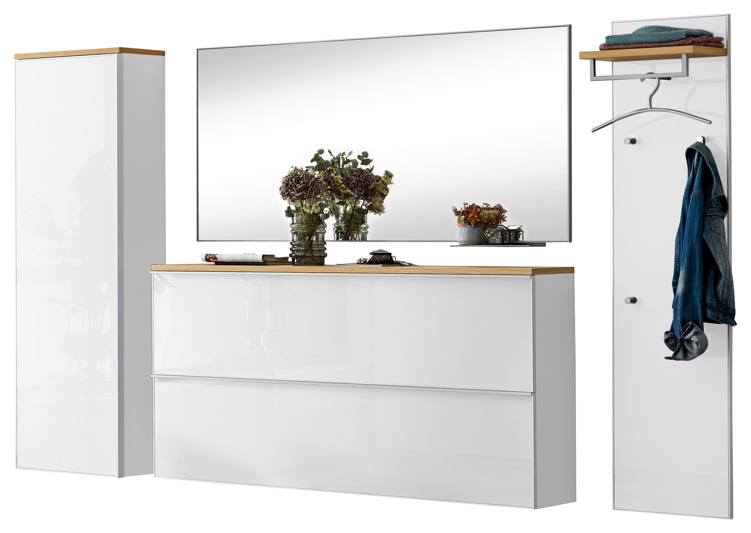 GARDEROBE 5-teilig  in 285/195/31 cm  - Weiß, Design, Glas/Holz (285/195/31cm)