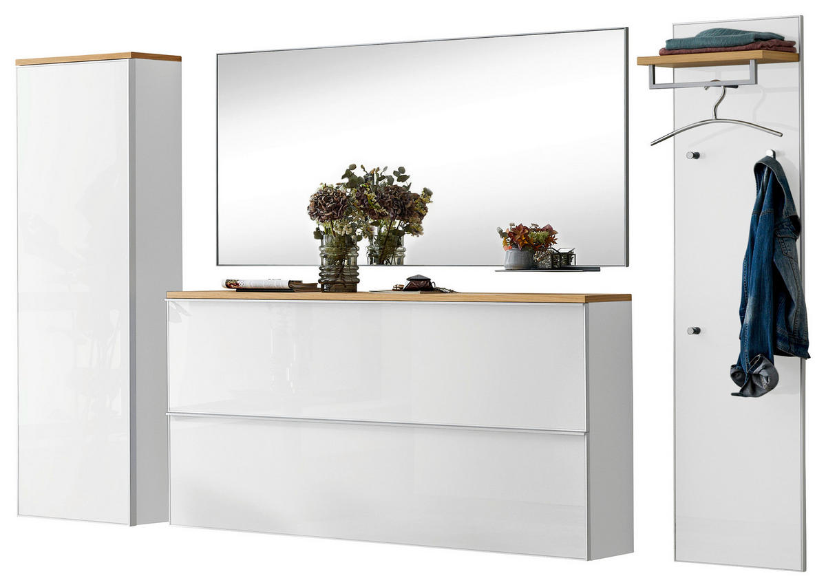 GARDEROBE 5-teilig  in 285/195/31 cm  - Weiß, Design, Glas/Holz (285/195/31cm)