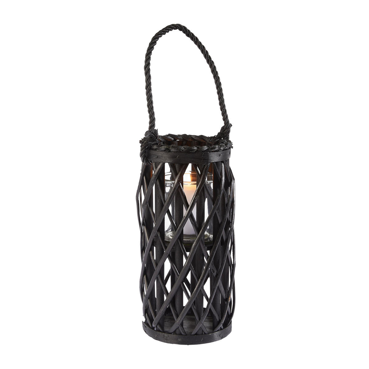 LATERNE - Schwarz, Basics, Glas/Naturmaterialien (15/31/15cm)