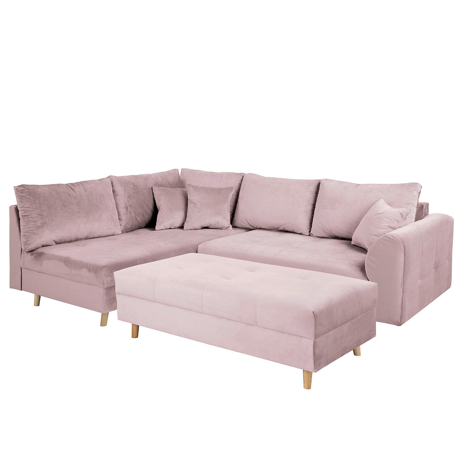 ECKSOFA inkl. Hocker Ariella Rosa Samt Rückenkissen, Hocker  - Naturfarben/Rosa, Design, Holz/Textil (161/231cm) - Livetastic