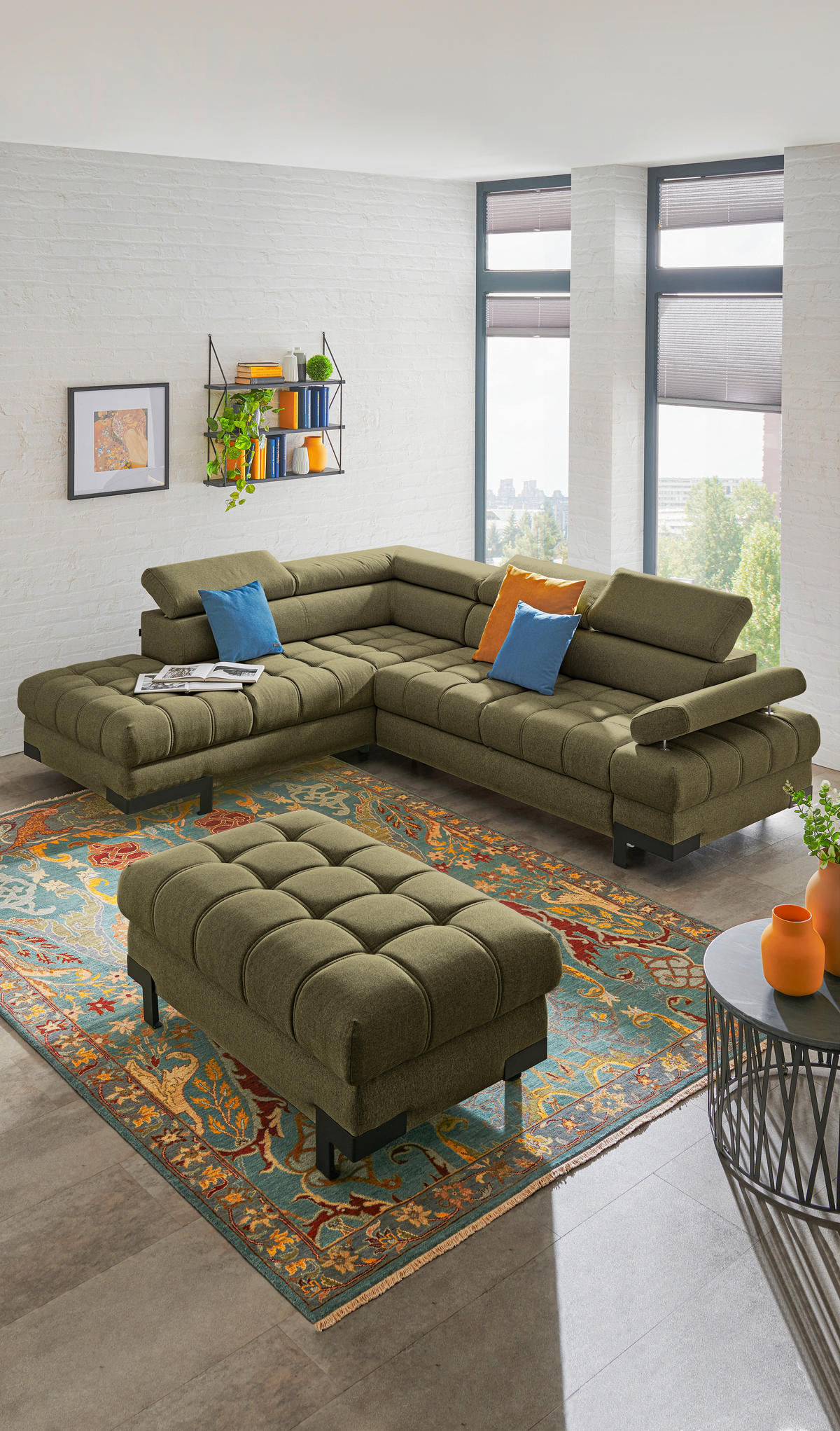 ECKSOFA in Webstoff Olivgrün  - Schwarz/Olivgrün, Design, Textil/Metall (223/263cm) - Welnova