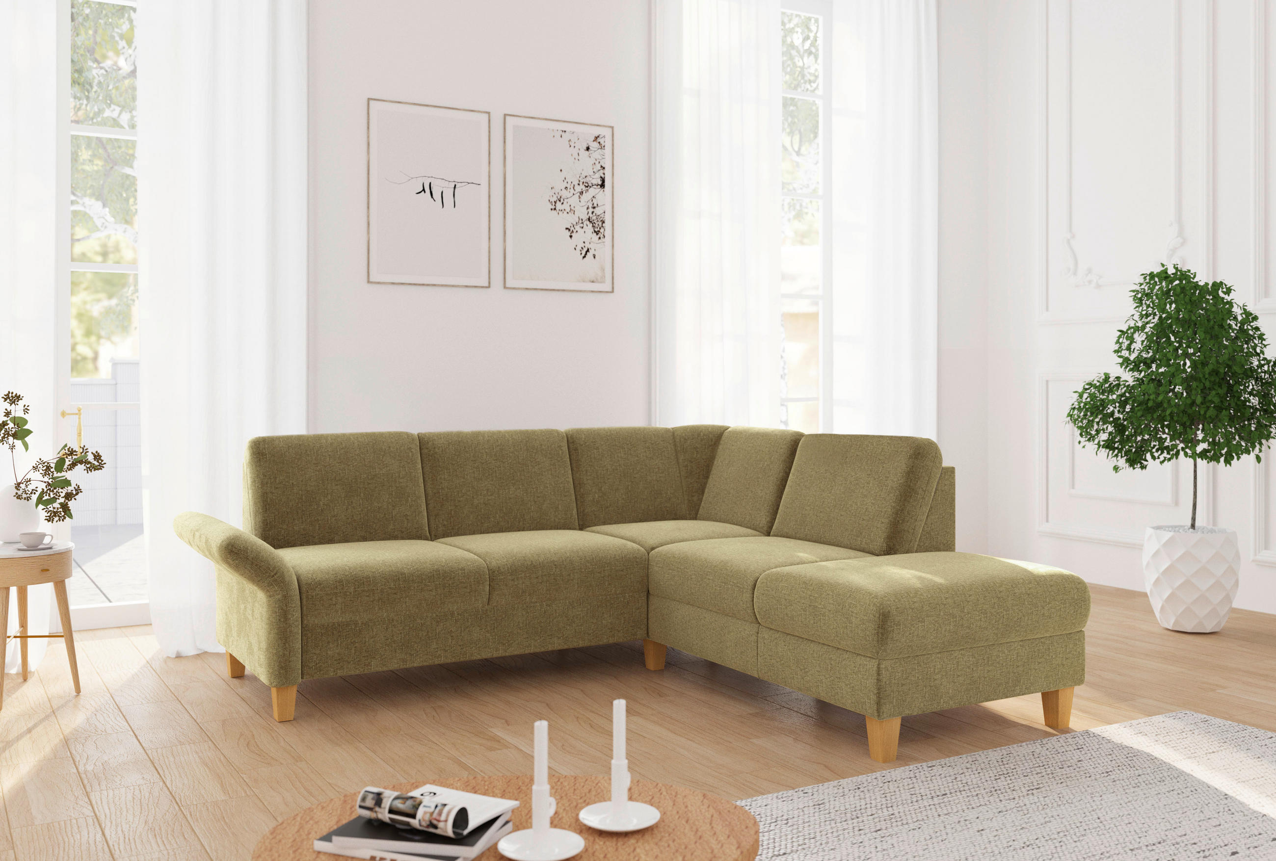 ECKSOFA ROCHELLE E Olivgrün Flachgewebe  - Eichefarben/Olivgrün, KONVENTIONELL, Holz/Textil (240/216cm) - Sit & More