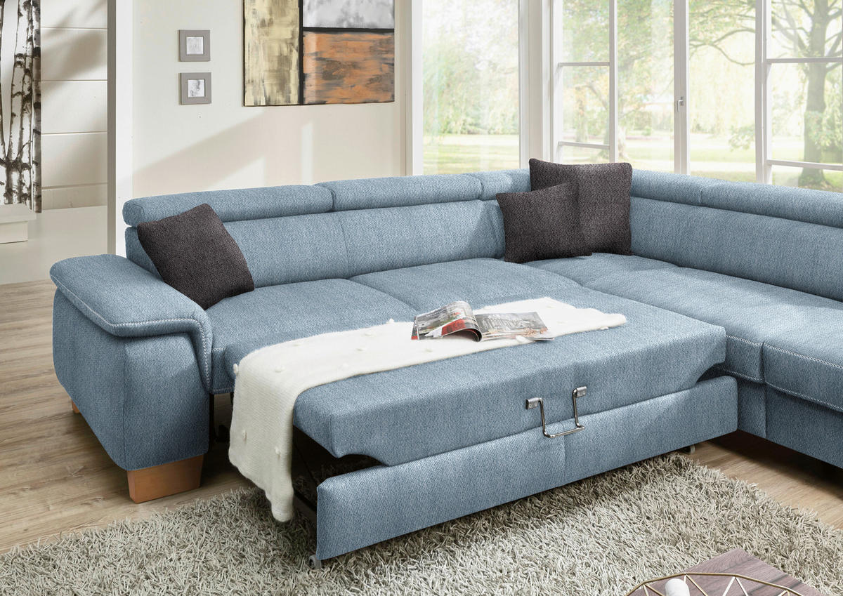 ECKSOFA in Mikrofaser Blau  226/273 cm  - Blau/Eichefarben, Natur, Holz/Textil (226/273cm) - Beldomo System