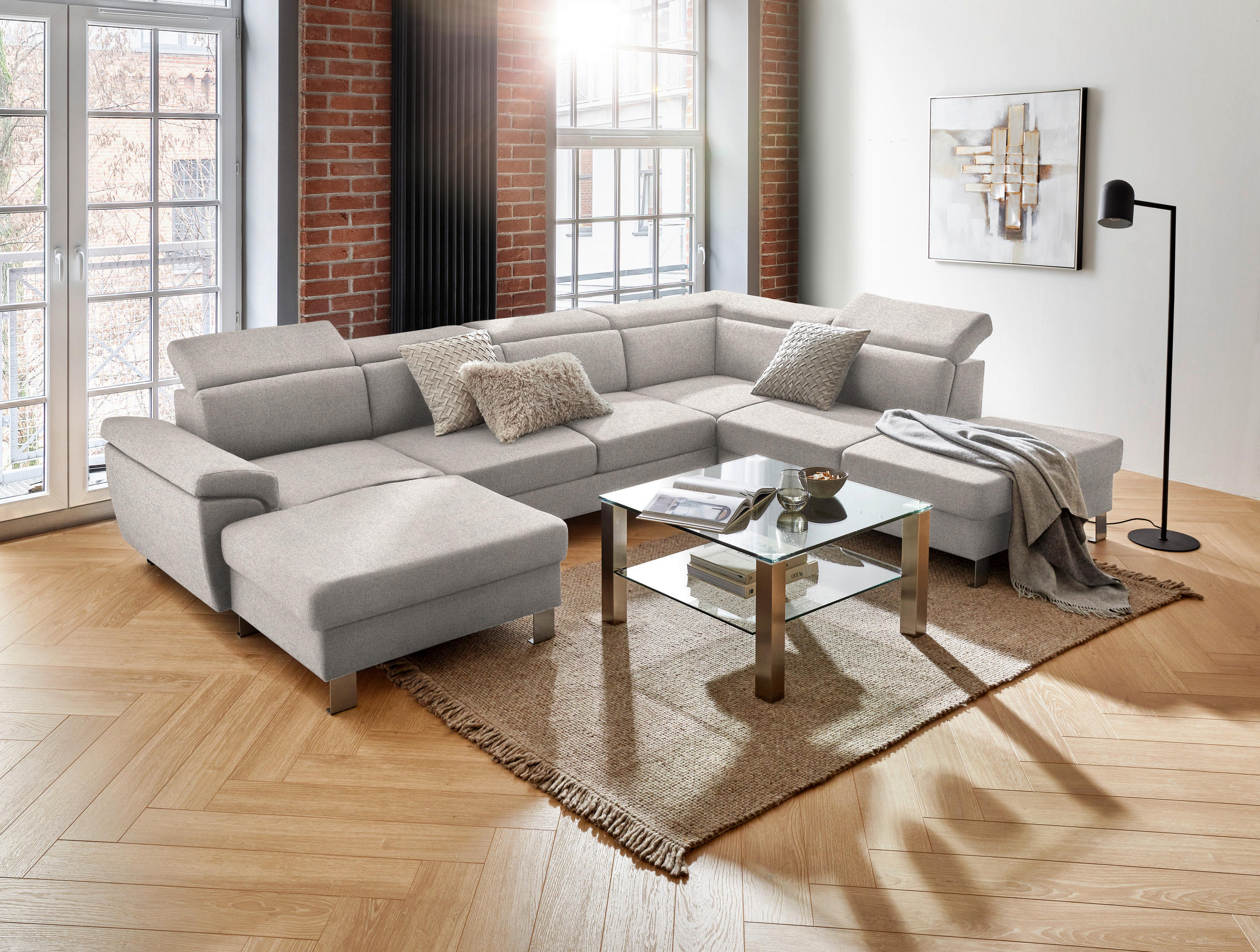 WOHNLANDSCHAFT in Webstoff Ecru  - Ecru/Silberfarben, Design, Textil/Metall (168/320/226cm) - Xora