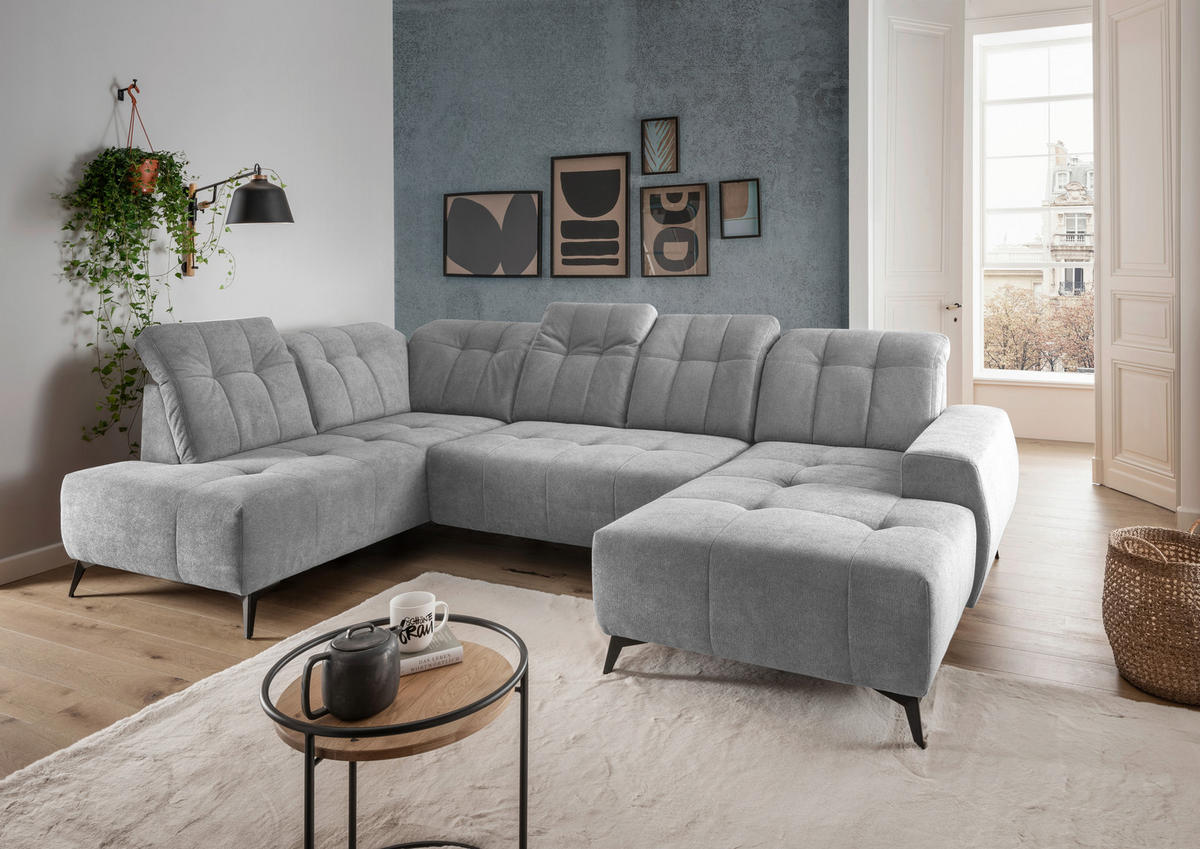 WOHNLANDSCHAFT SANO in Chenille Silberfarben  - Silberfarben/Schwarz, MODERN, Textil/Metall (200/337/180cm) - Livetastic