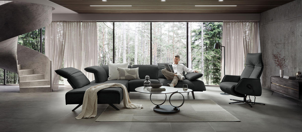 ECKSOFA Echtleder Anthrazit  - Anthrazit, Design, Leder/Metall (230/290cm) - Johann Jakob