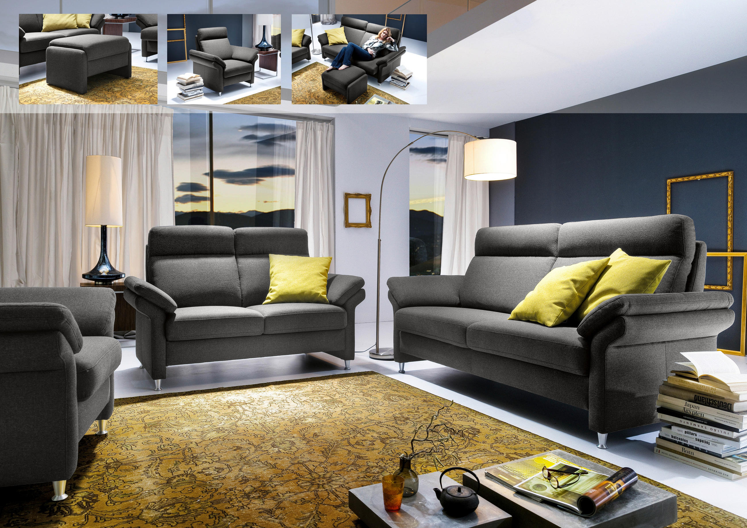 3-SITZER-SOFA Flachgewebe Anthrazit  - Anthrazit/Alufarben, MODERN, Textil/Metall (196/103/89cm) - Pure Home Comfort