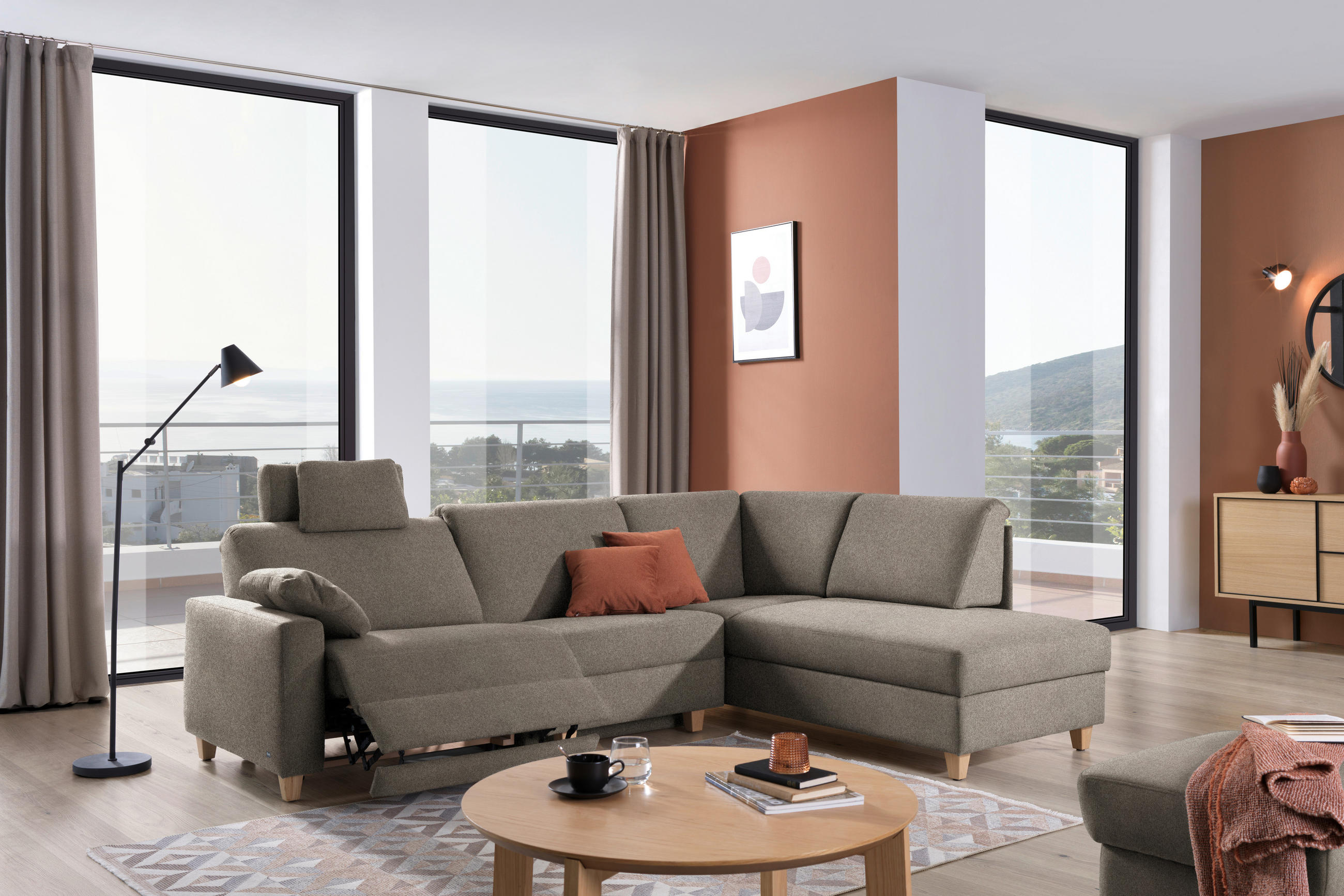 ECKSOFA in Flachgewebe Taupe  261/203 cm  - Taupe/Eichefarben, KONVENTIONELL, Holz/Textil (261/203cm) - Sedda