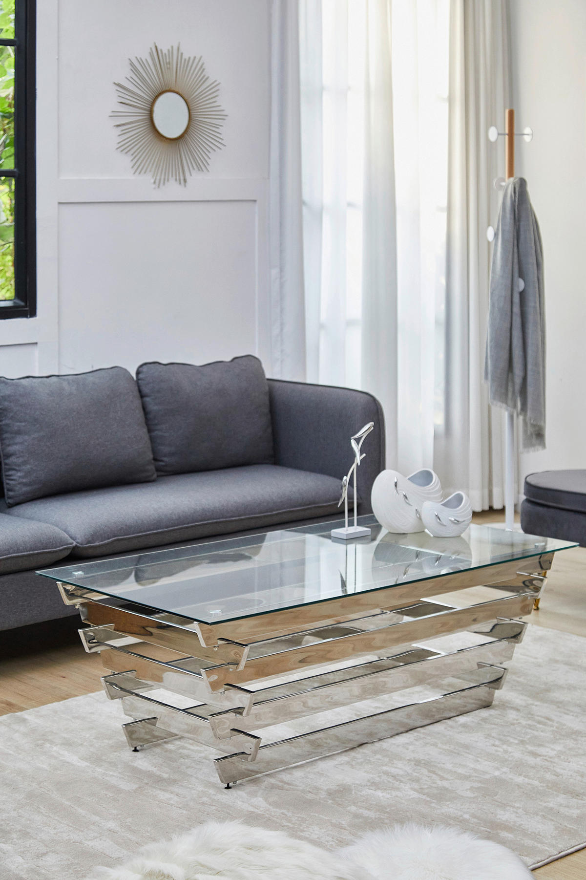 COUCHTISCH Sicherheitsglas, Klarglas 130/70/45 cm rechteckig Klar, Silberfarben  - Klar/Silberfarben, Design, Glas/Metall (130/70/45cm) - Livetastic